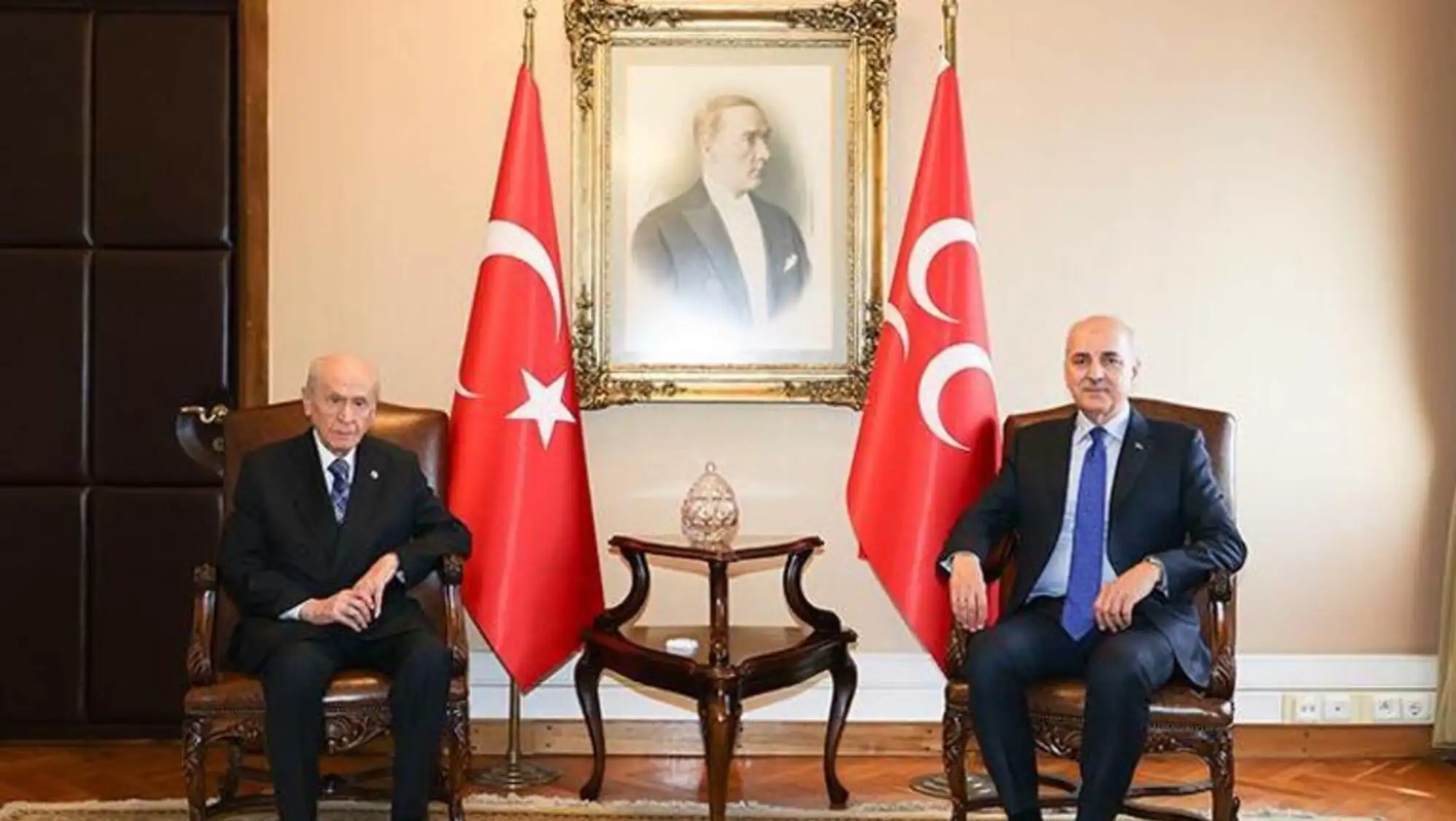 Kurtulmuş and Bahçeli are making statements after the meeting.