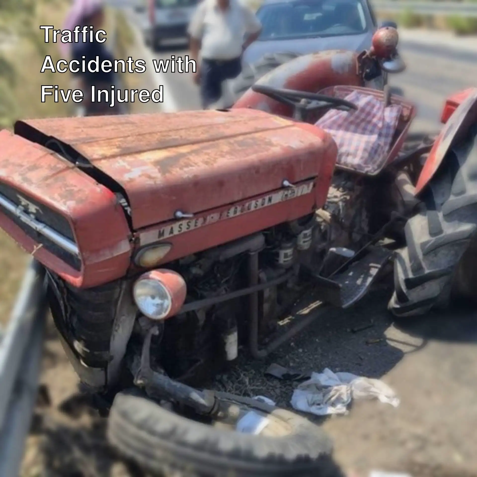A tractor that has crashed on the side of the road. A tractor that has crashed on the side of the road.