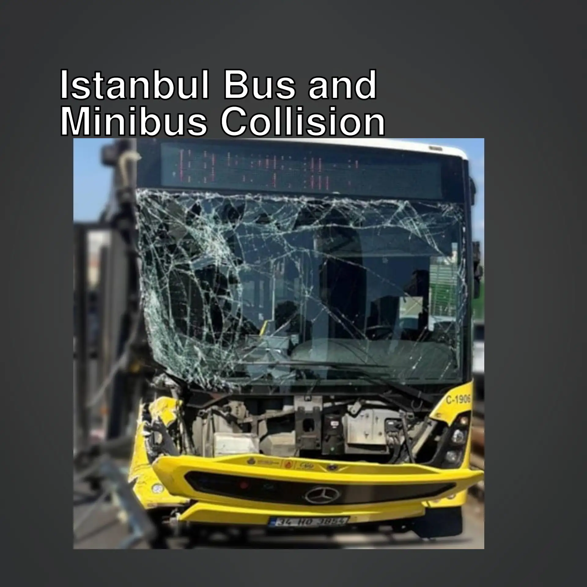A bus with a broken windshield after the accident. A bus with a broken windshield after the accident.