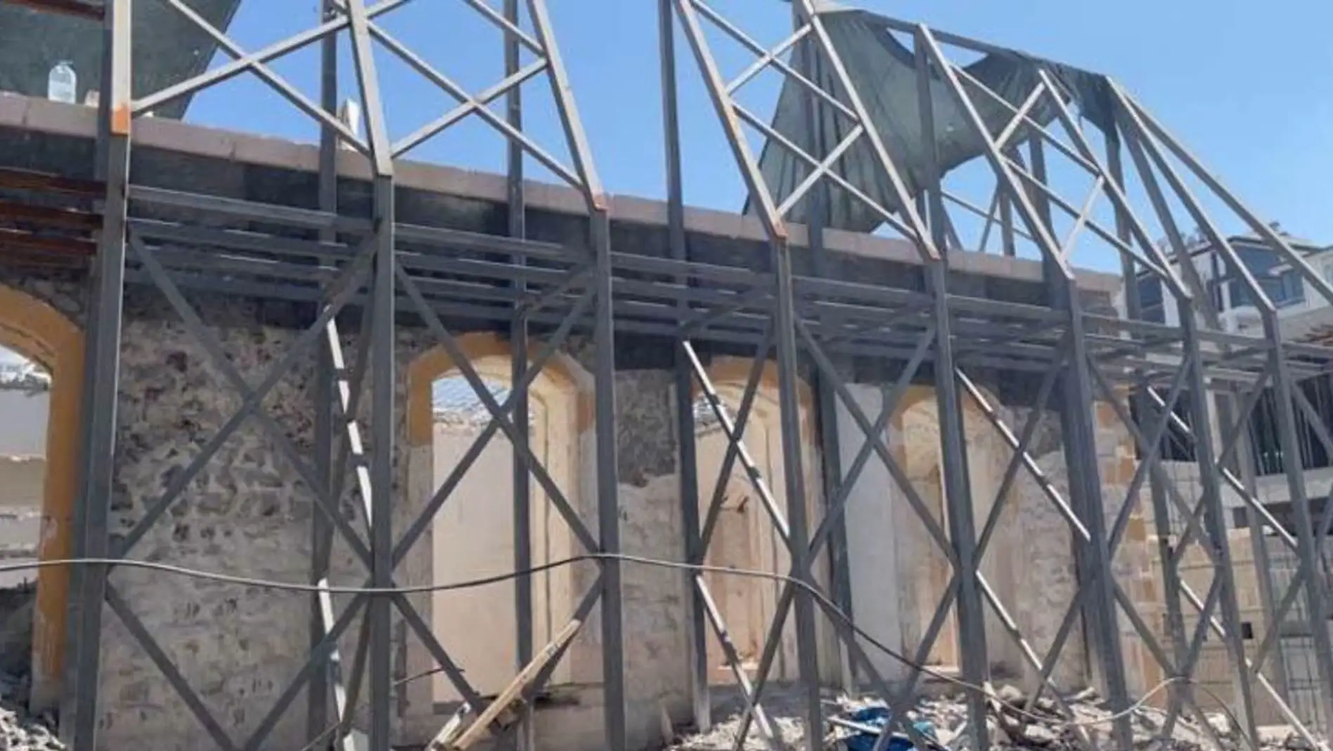 A construction site with metal bars.