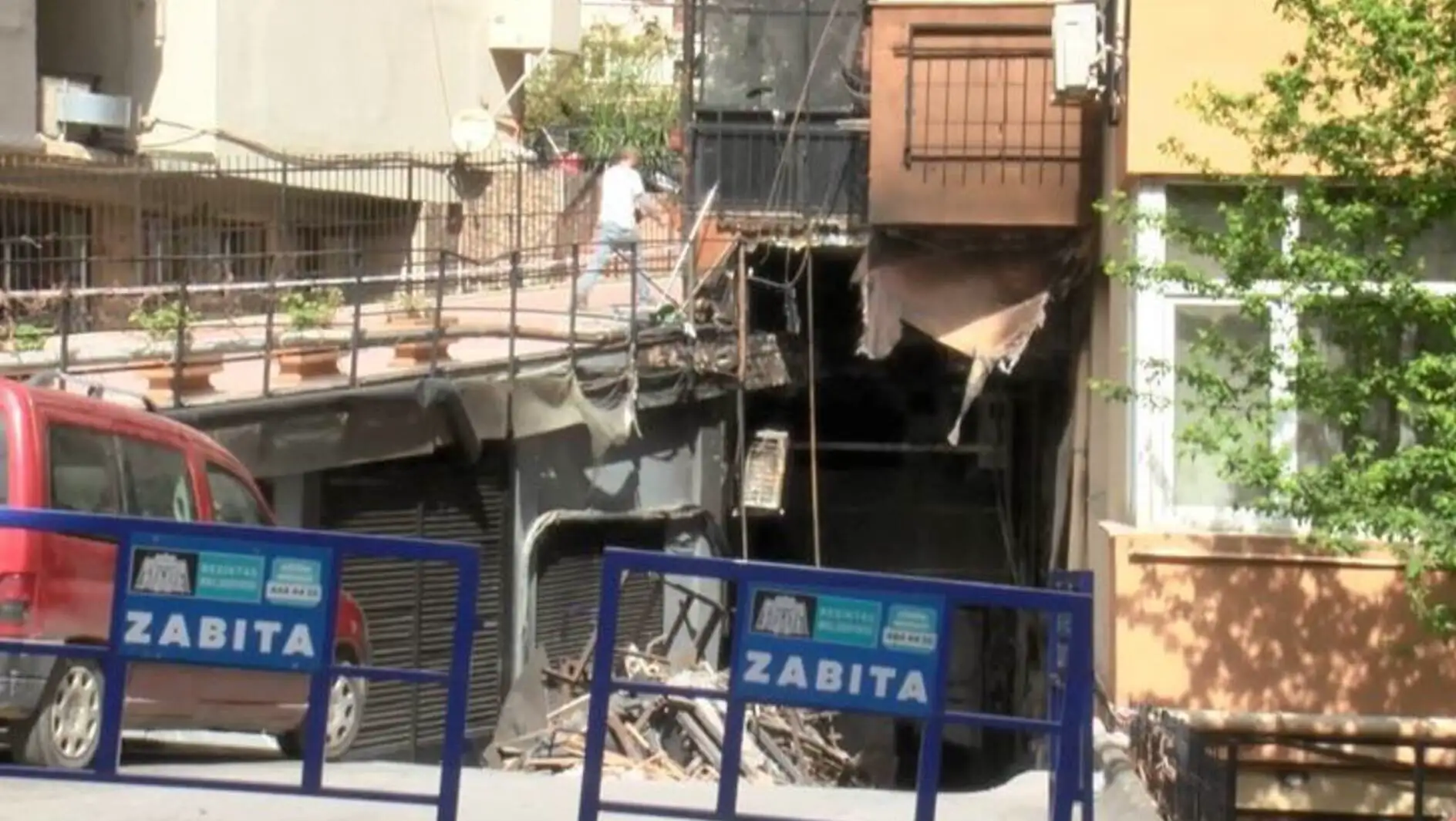 A building damaged by fire. A building damaged by fire.