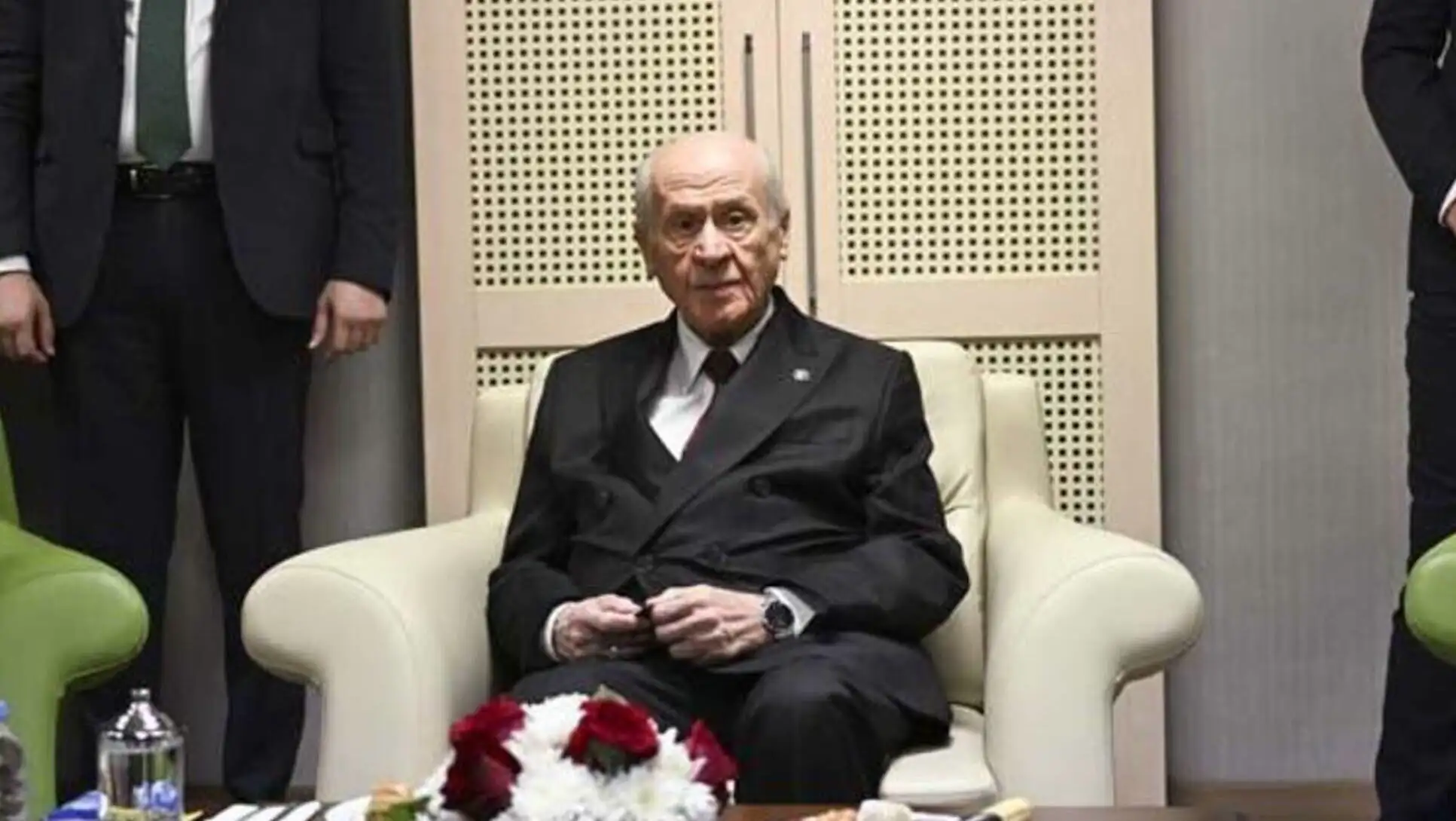Devlet Bahçeli speaking to the press at the Politics and Leadership School inauguration.