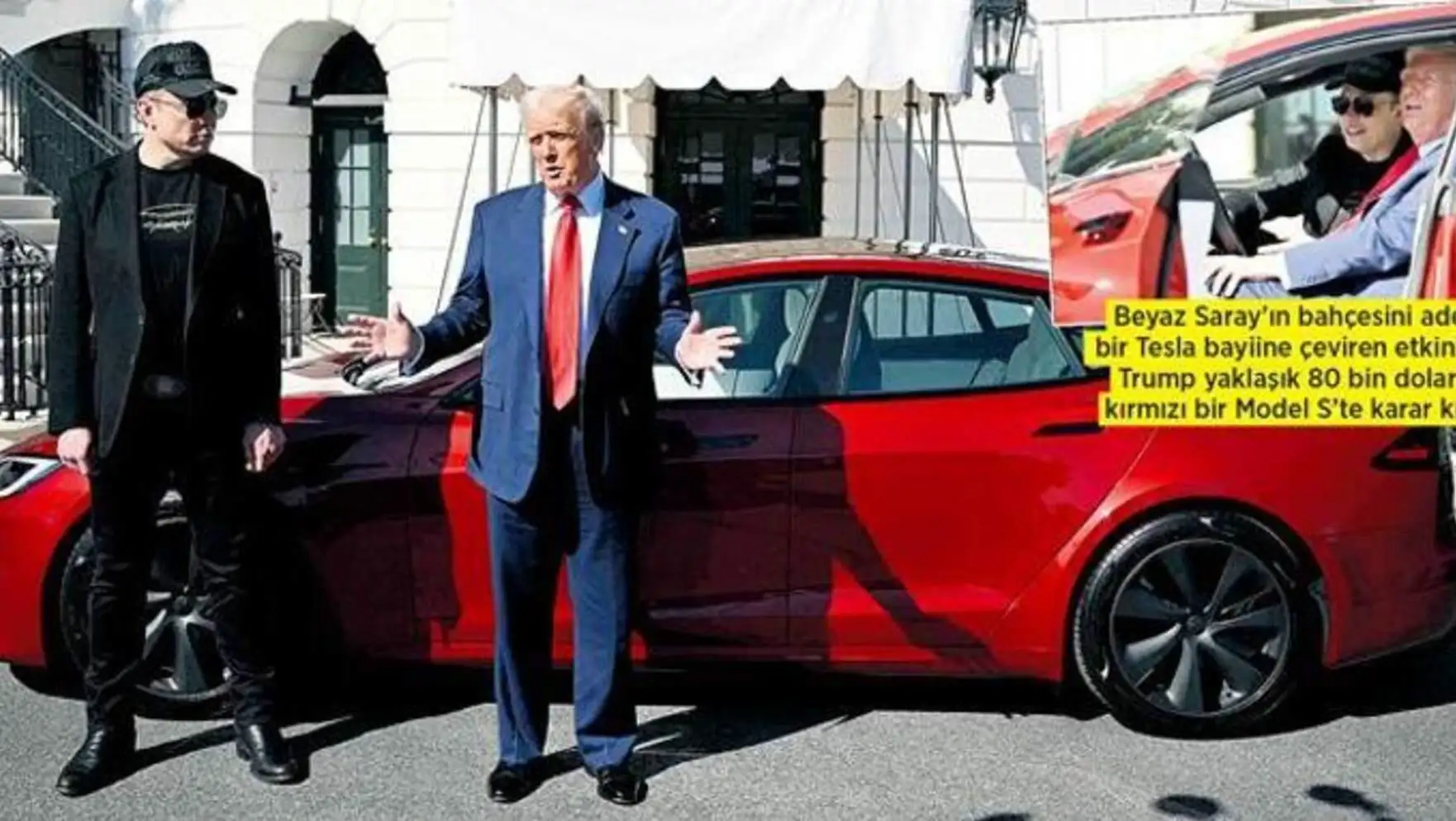 Trump, kırmızı bir Tesla'nın yanında duruyor.