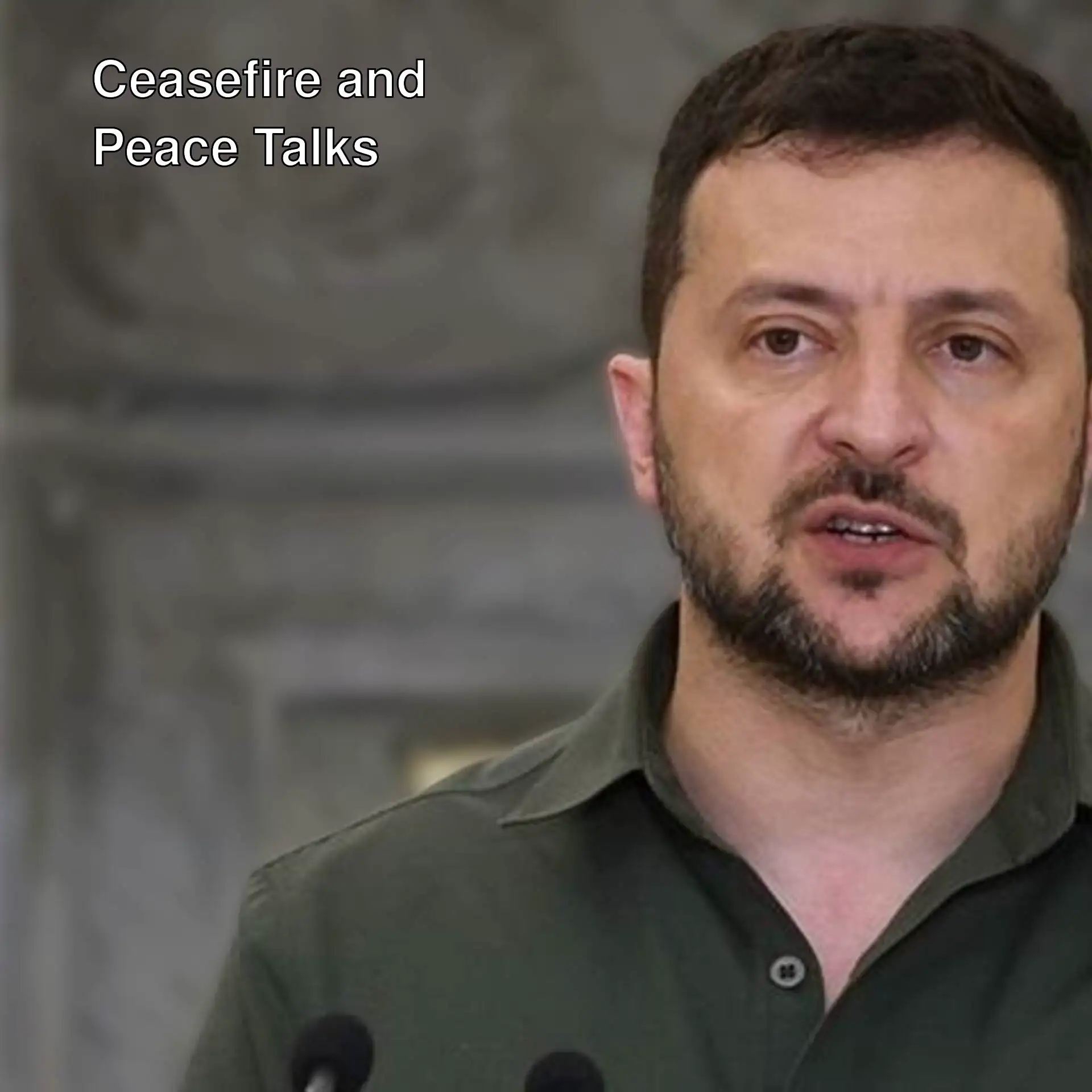 Zelensky speaking into a microphone. Zelensky speaking into a microphone.