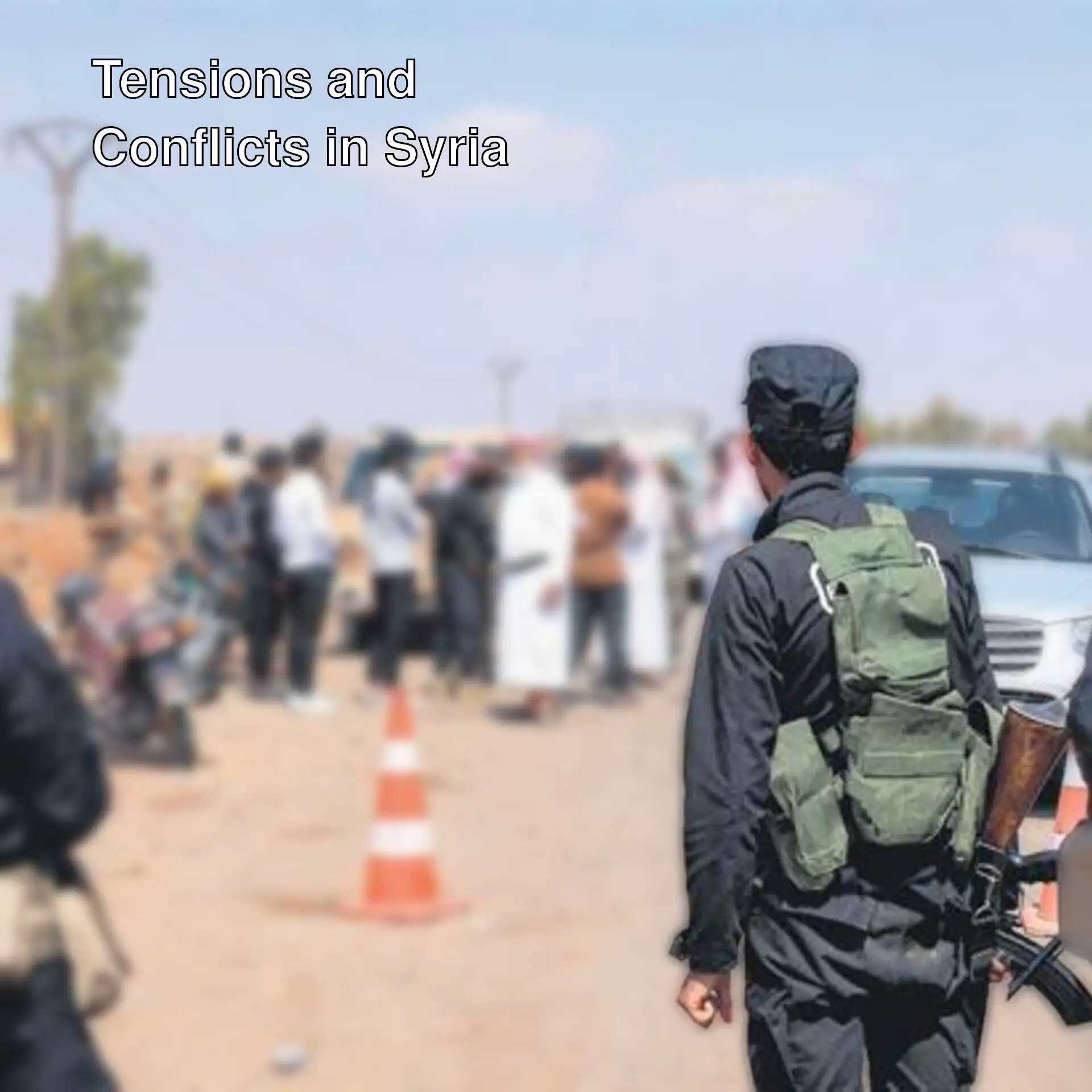 Tense waiting in Syria. A group of people standing on a road. Tense waiting in Syria. A group of people standing on a road.