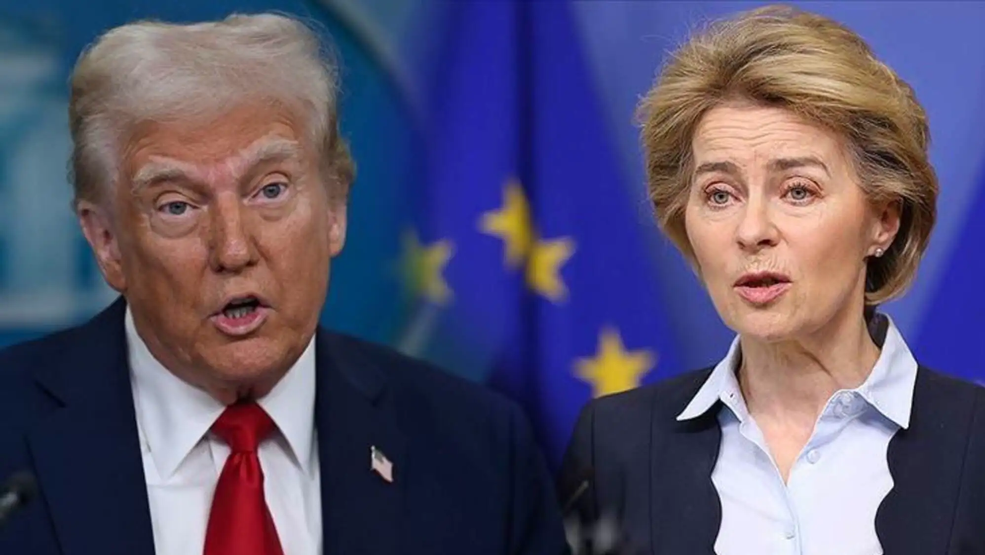 ABD ve AB bayrakları önünde Trump ve von der Leyen. ABD ve AB bayrakları önünde Trump ve von der Leyen.