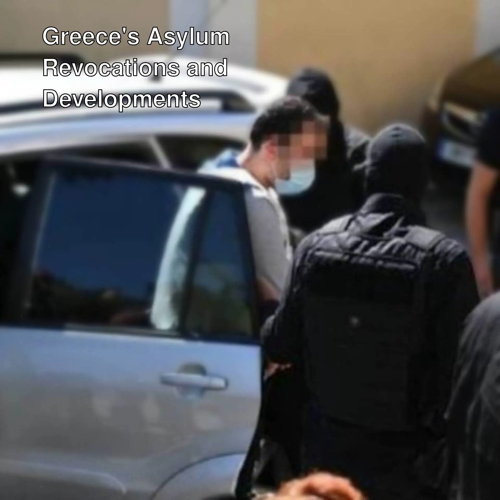 A group of people being escorted in Greece wearing masks.