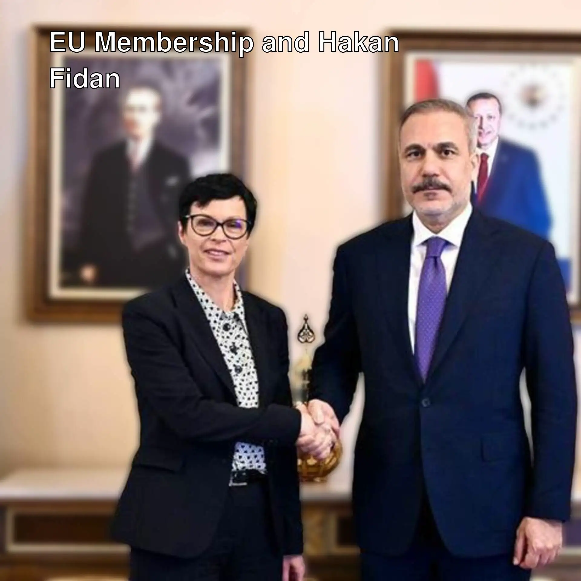 Foreign Minister Hakan Fidan and Commissioner Kos shaking hands. Foreign Minister Hakan Fidan and Commissioner Kos shaking hands.