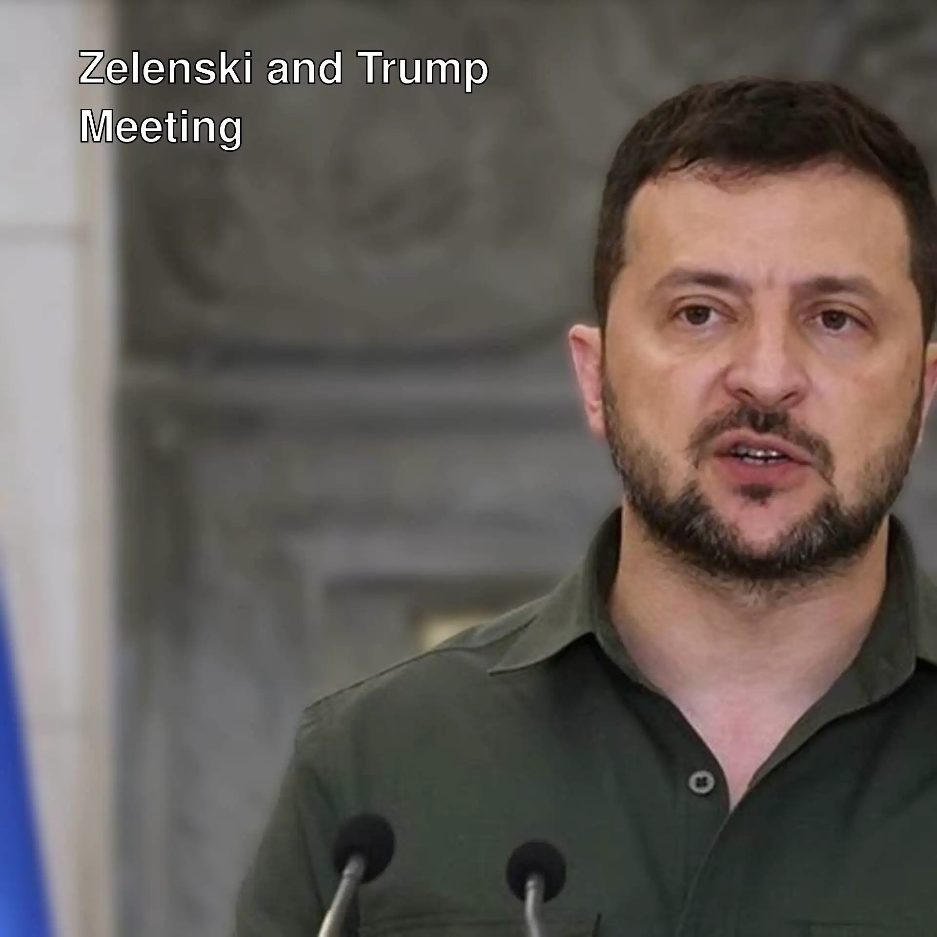 A man standing in front of microphones during Zelenski and Trump's meeting.