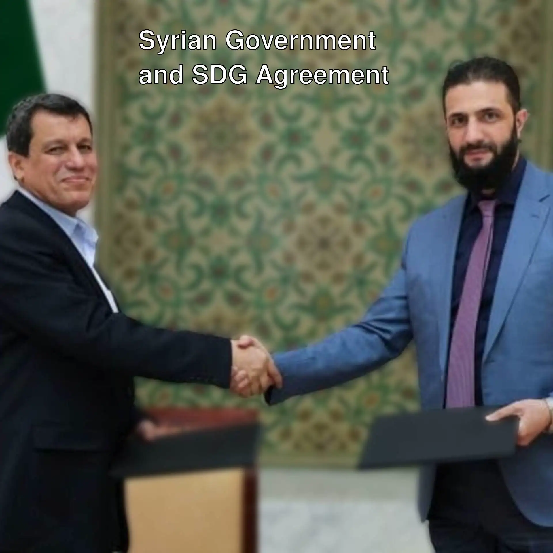 Two men shaking hands in front of a green wall. Two men shaking hands in front of a green wall.