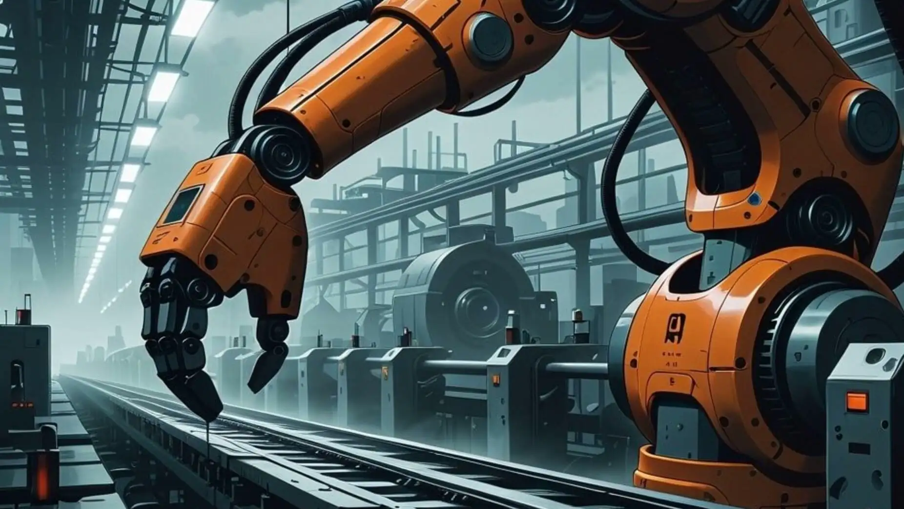 Bir robot fabrikada çalışıyor. Bir robot fabrikada çalışıyor.