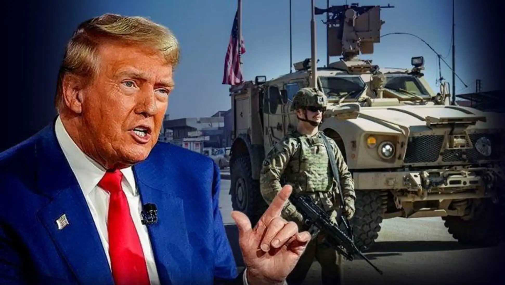 A man in a blue suit and red tie with a soldier in the background. A man in a blue suit and red tie with a soldier in the background.
