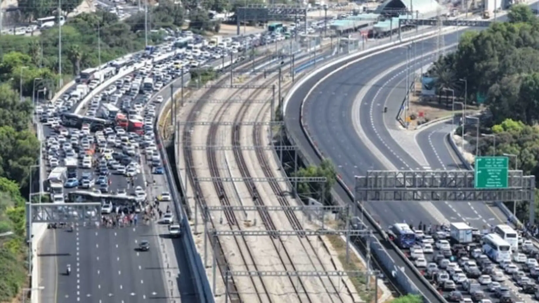 A highway blocked during protests in Israel. A highway blocked during protests in Israel.