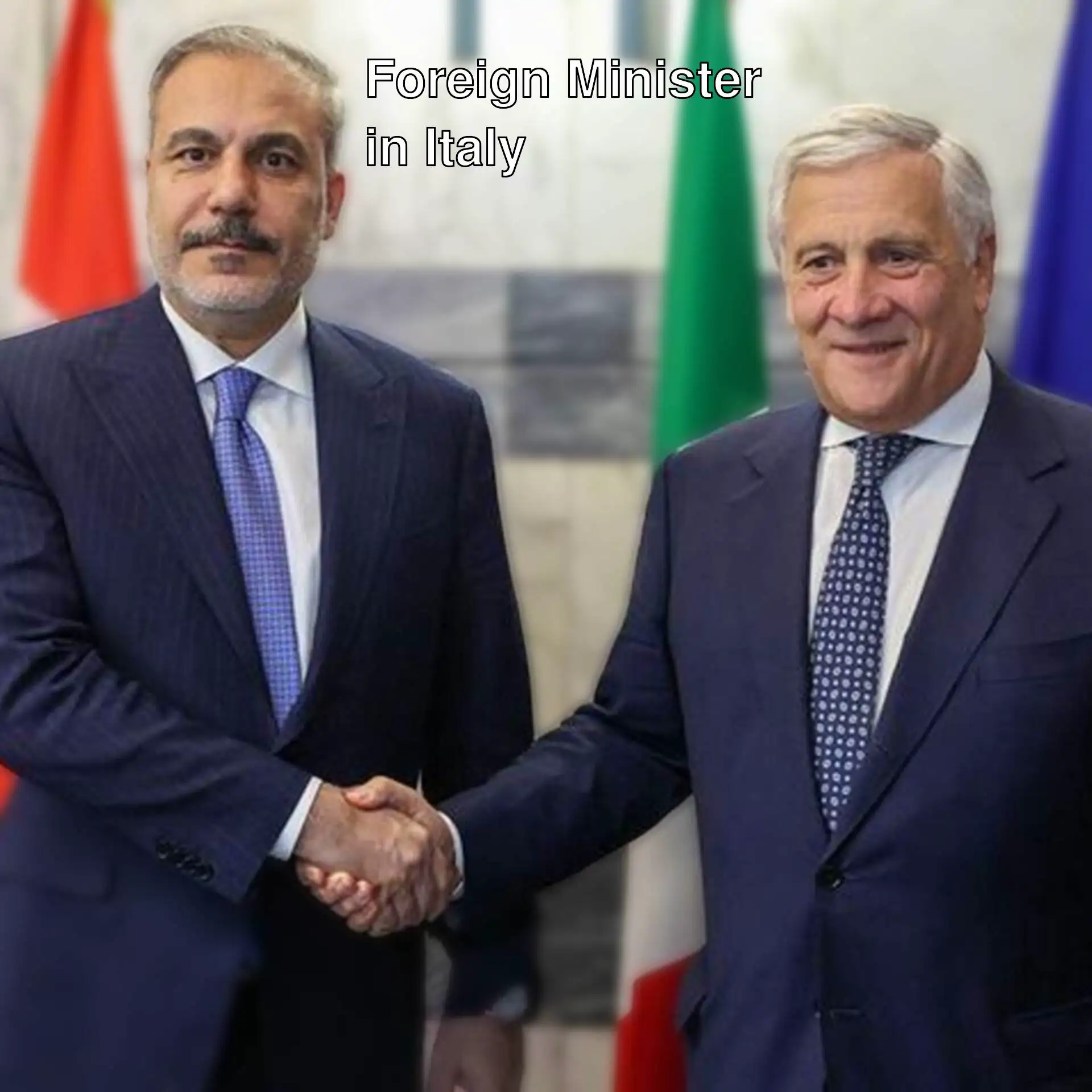 Foreign Minister Hakan Fidan and his Italian counterpart shaking hands. Foreign Minister Hakan Fidan and his Italian counterpart shaking hands.