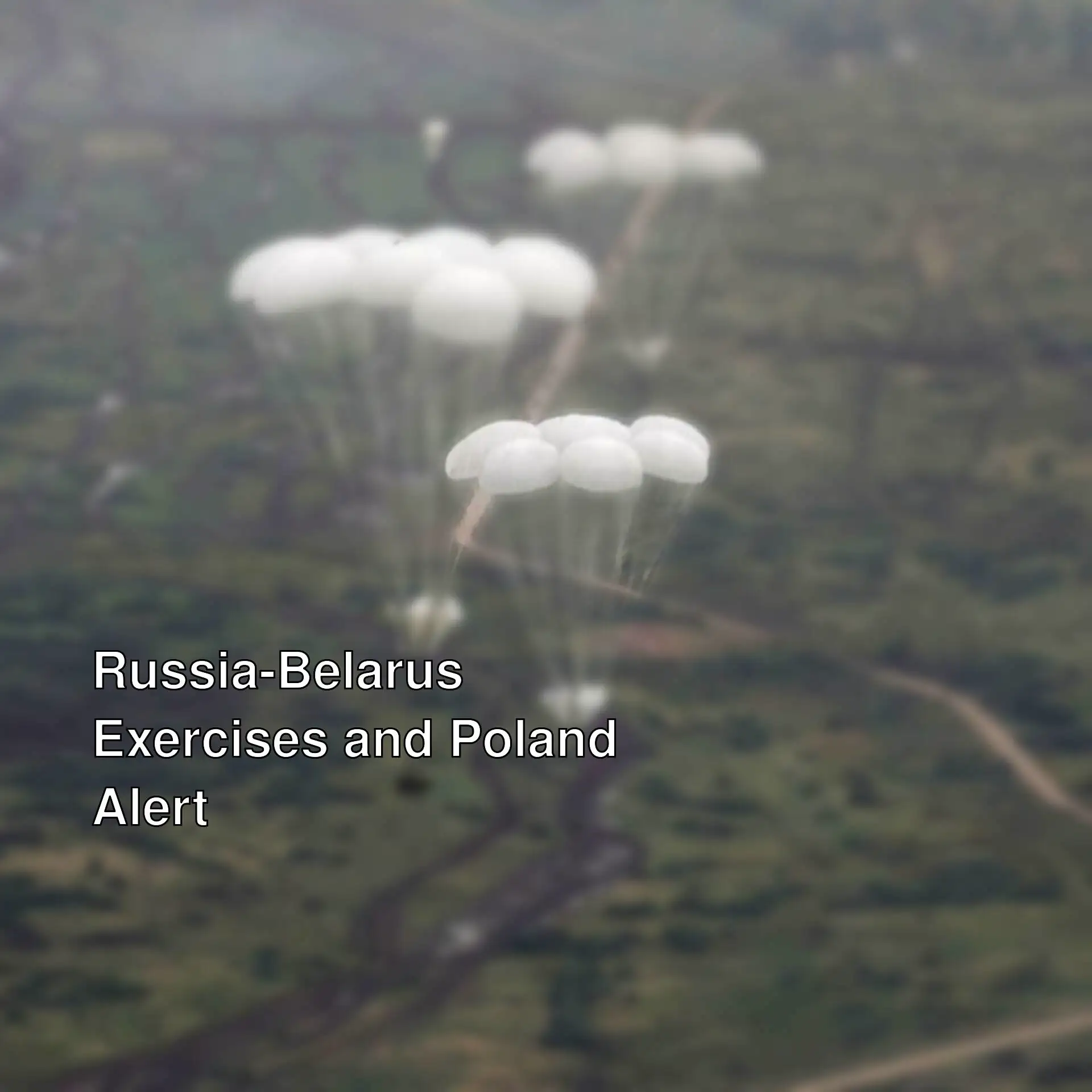 White parachutes in the sky during the military exercises of Russia and Belarus.