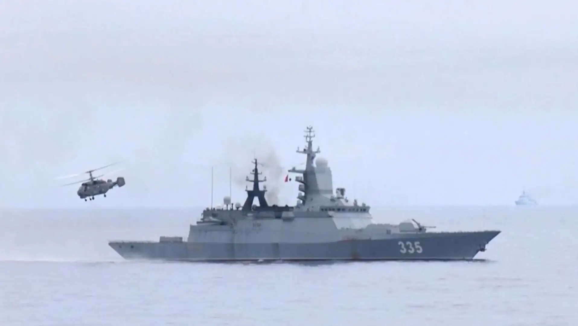 A military ship in the water.