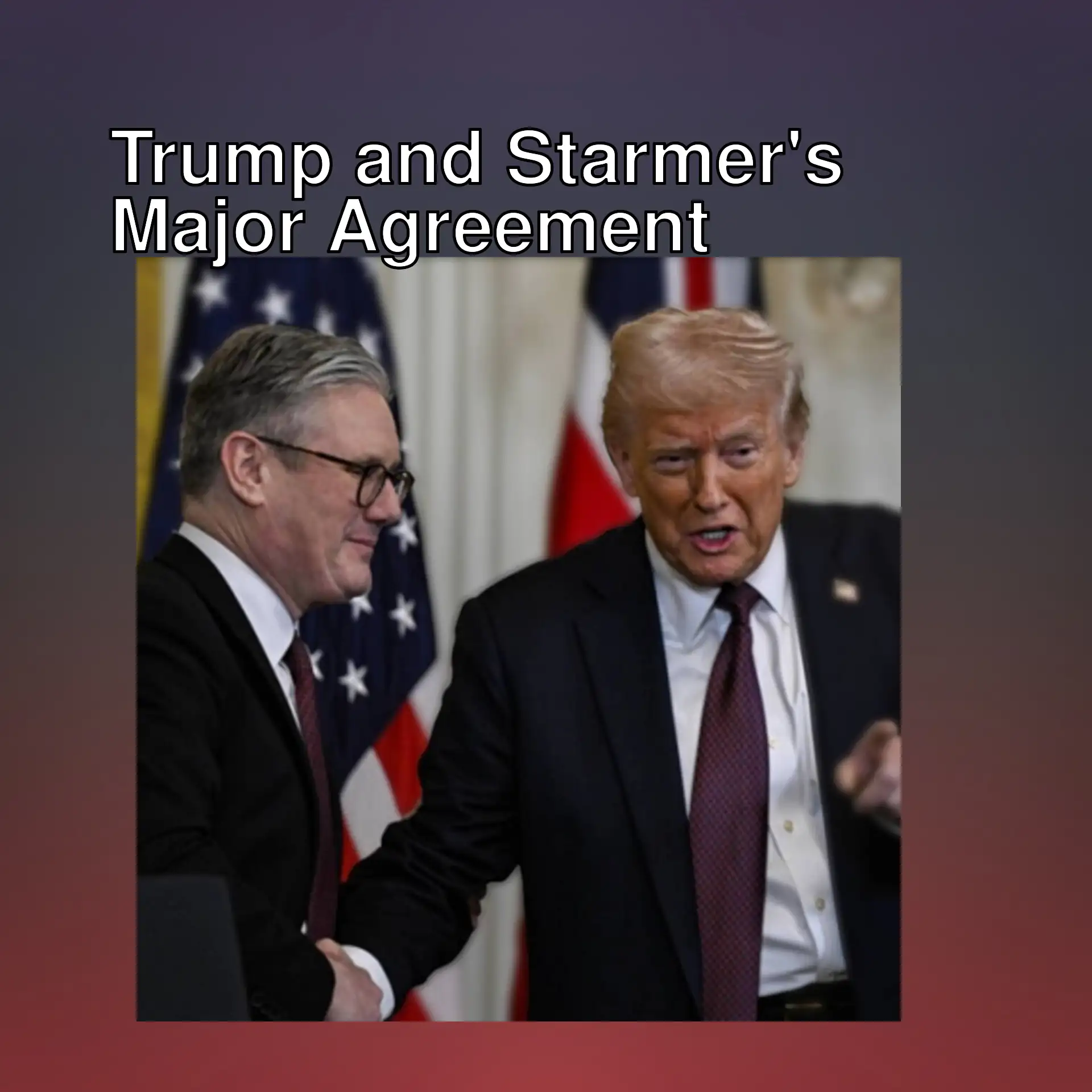 Two men shaking hands in front of flags.