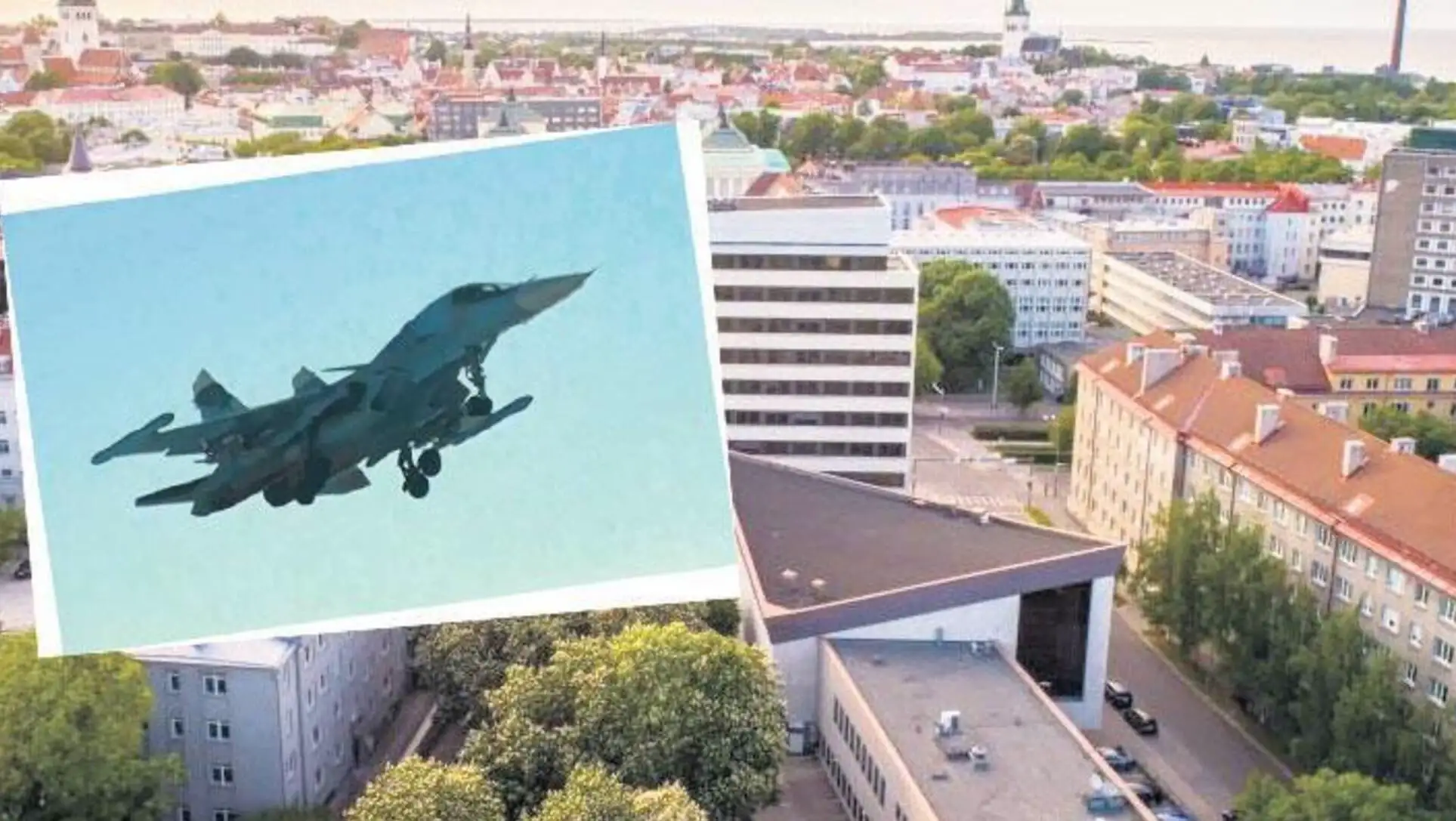 A plane flying over a city