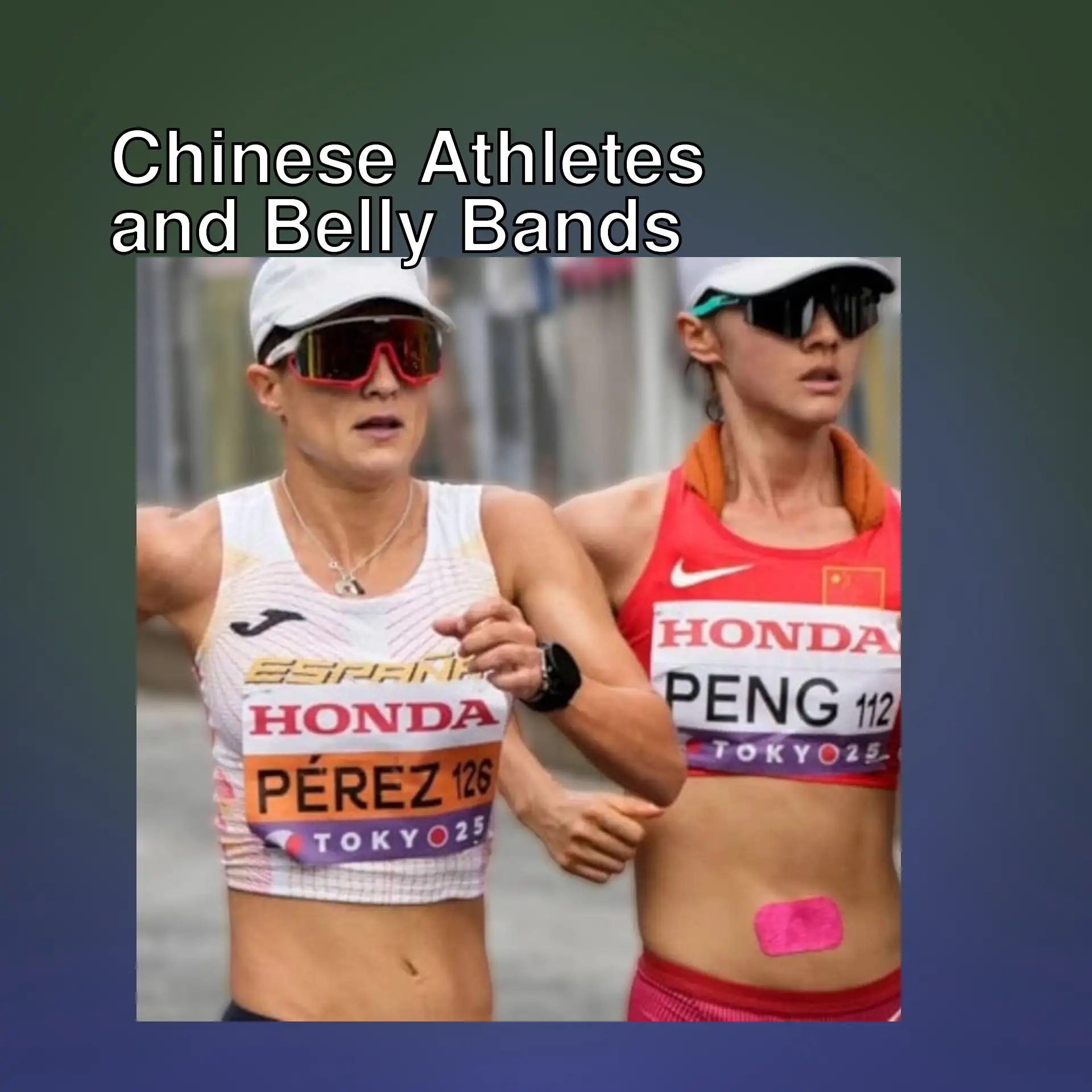 Chinese athletes running with banded bellies in a race.
