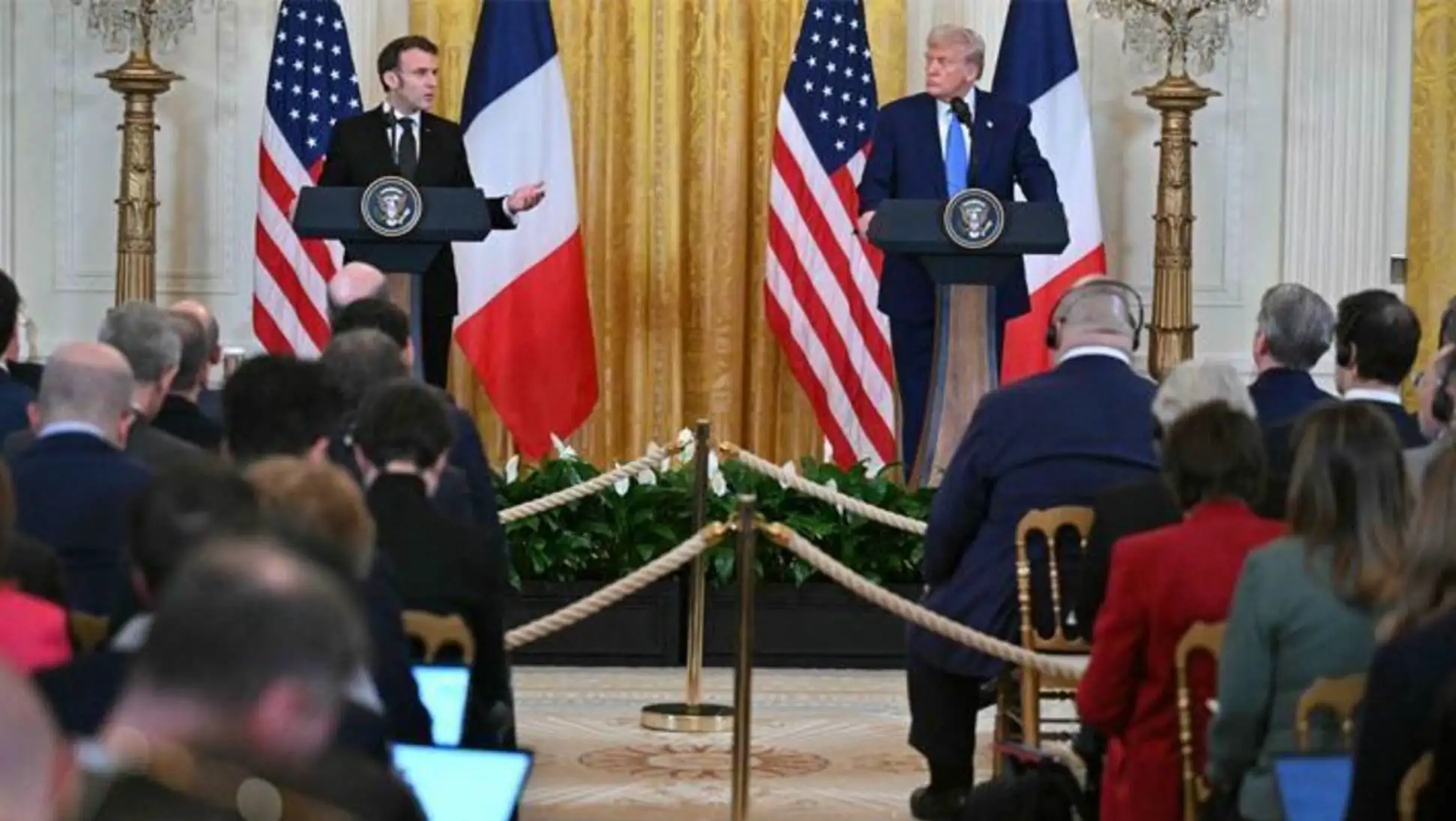 Trump and Macron at a press conference.