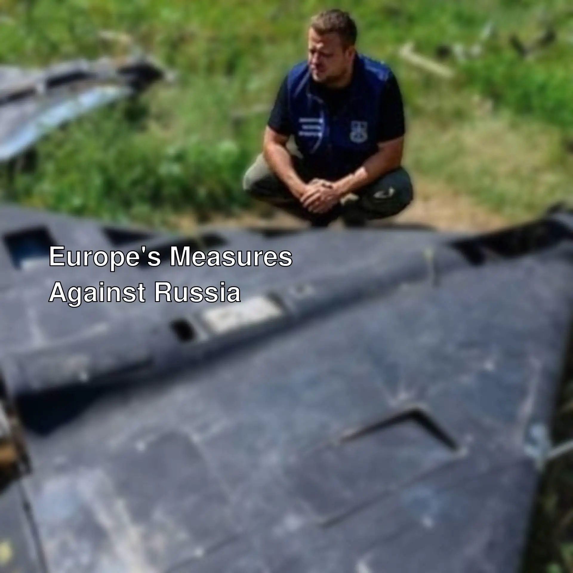 A man kneeling next to a broken airplane.