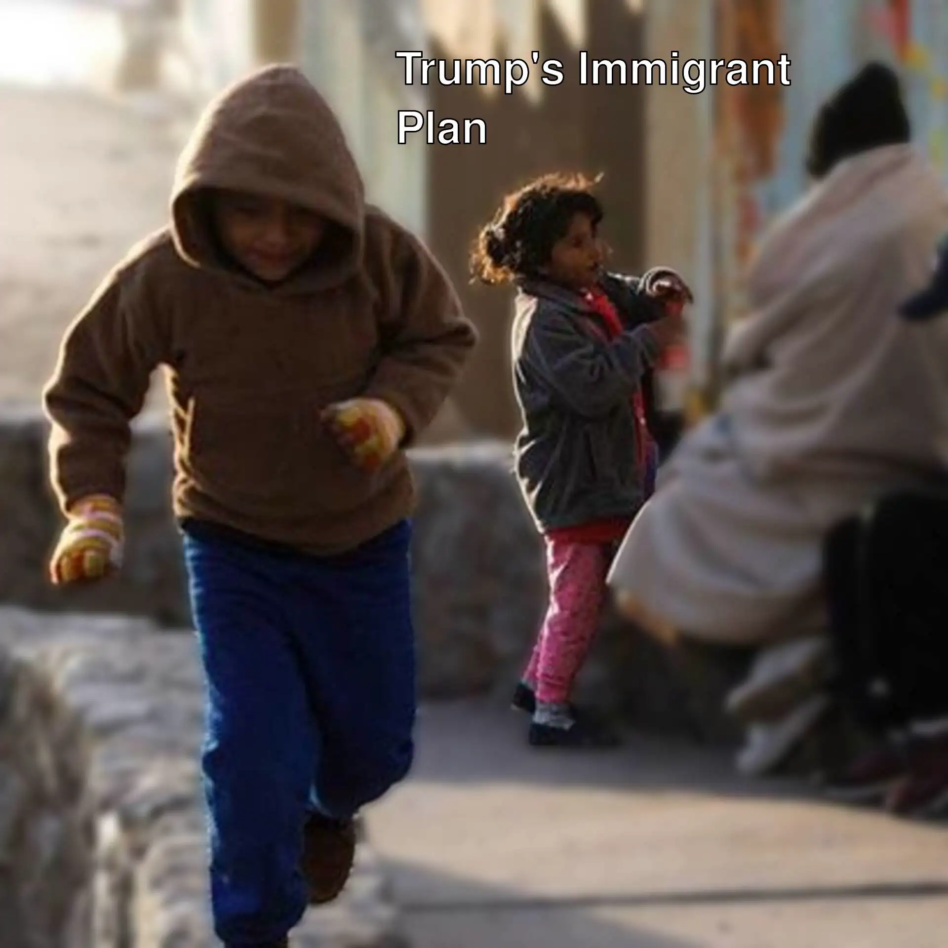A group of children running on a sidewalk.