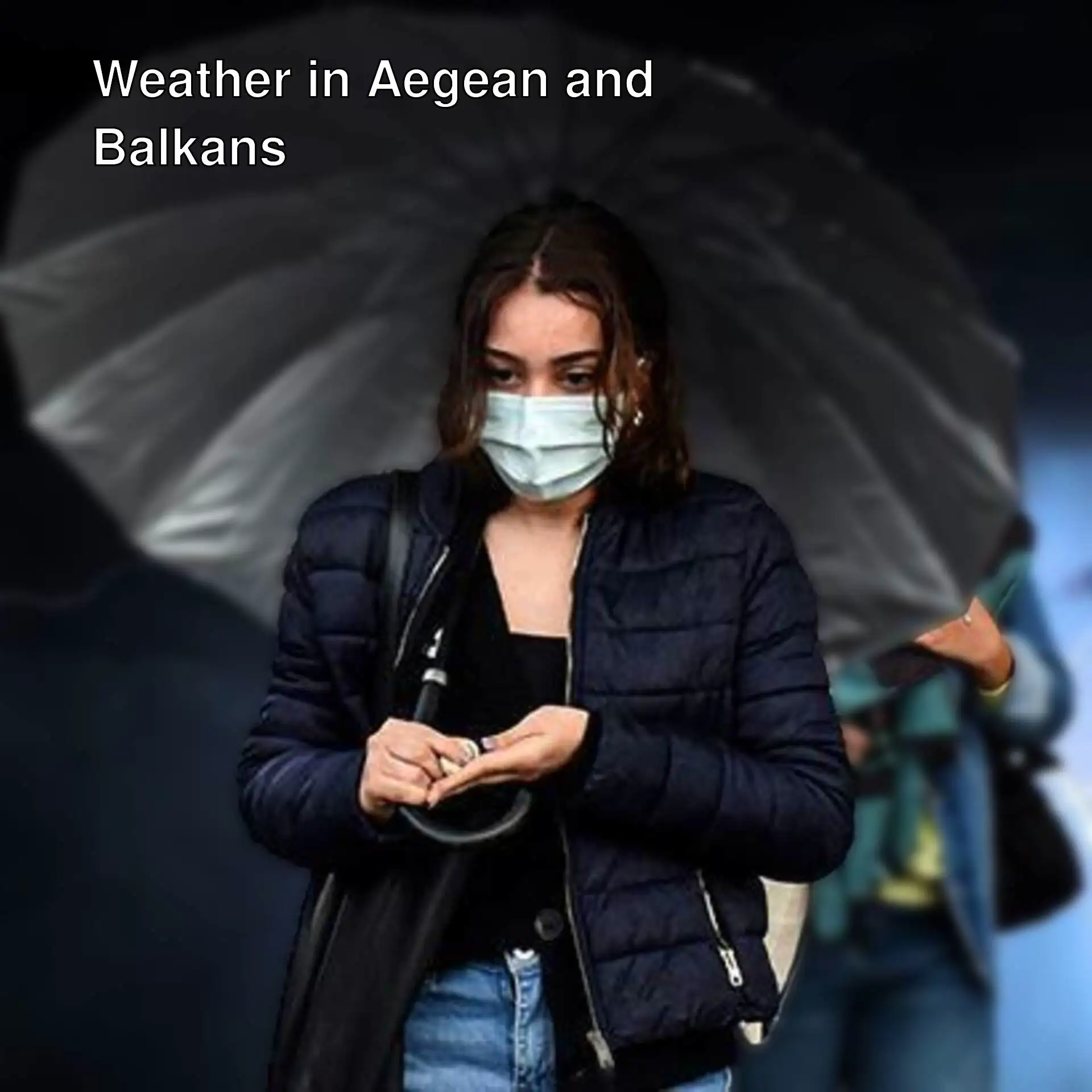 A woman walking in the rain with a mask.