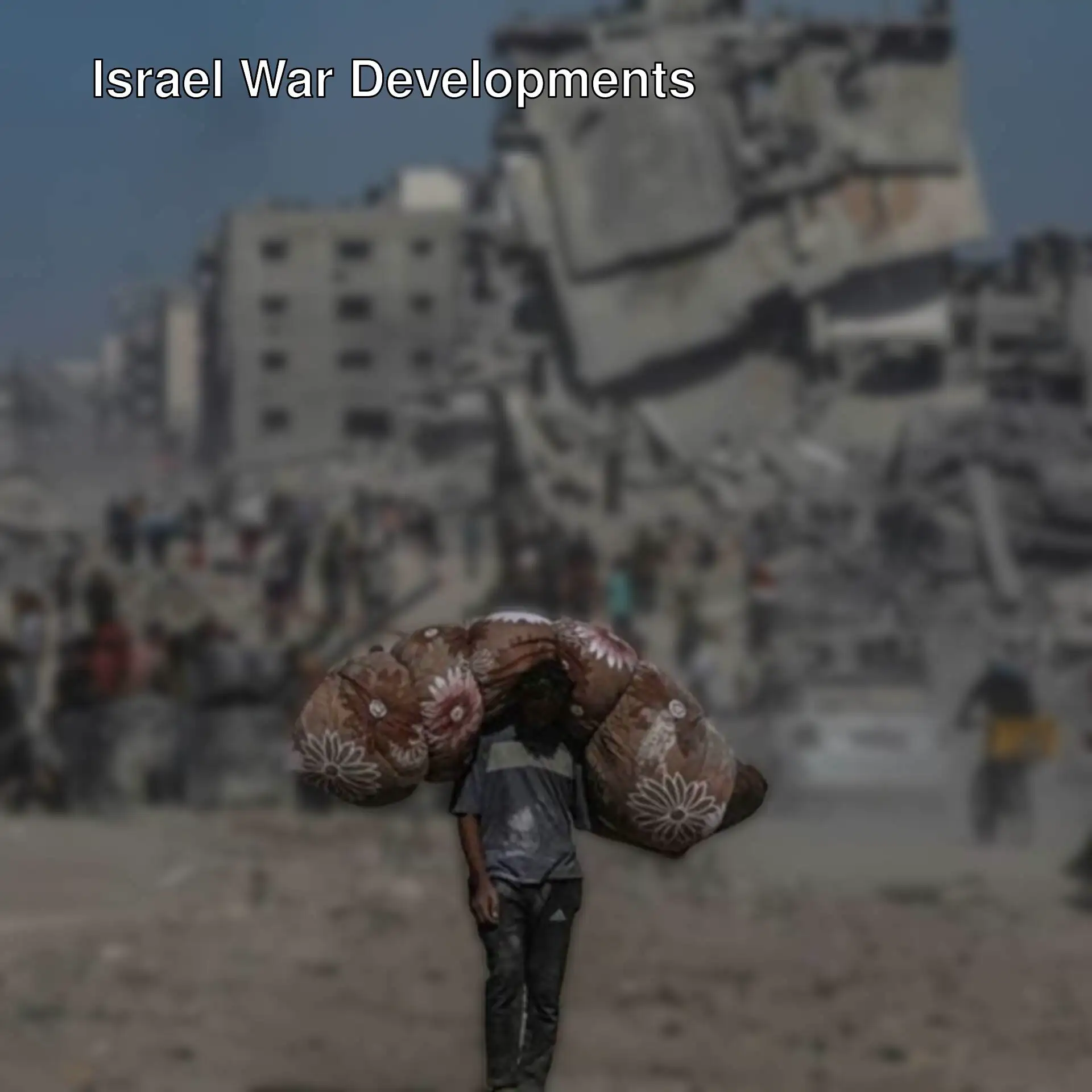 A man carrying large bags in a destroyed city.