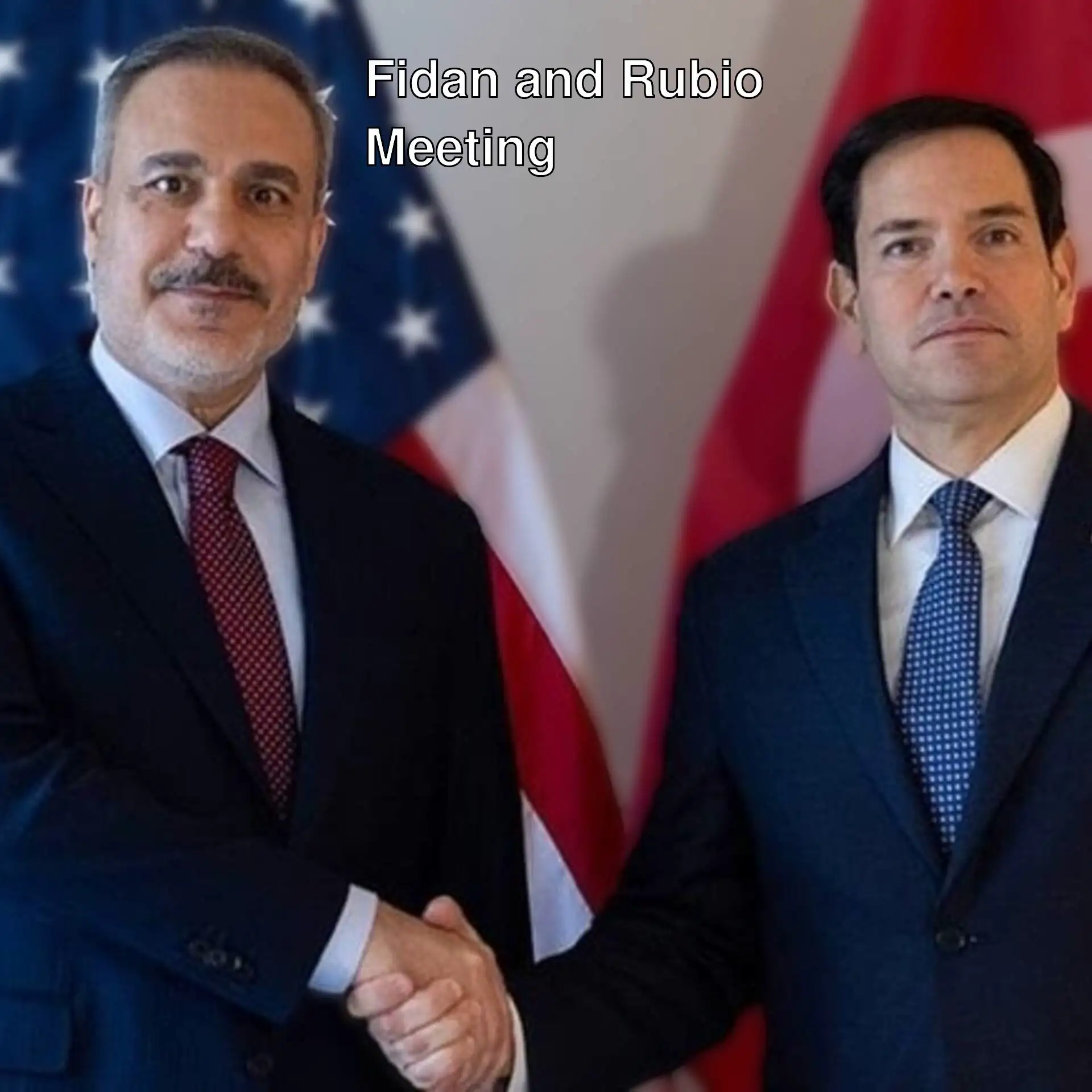 Two men shaking hands in front of flags. Two men shaking hands in front of flags.
