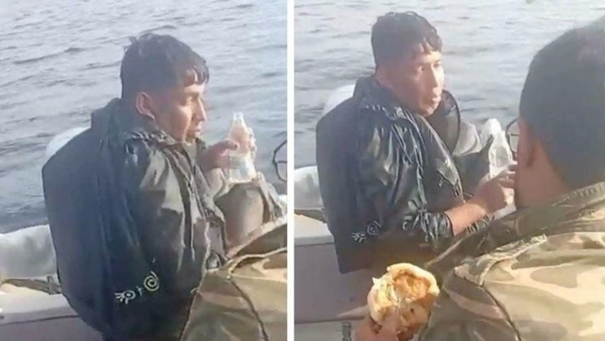 A man sitting on a boat eating food. A man sitting on a boat eating food.