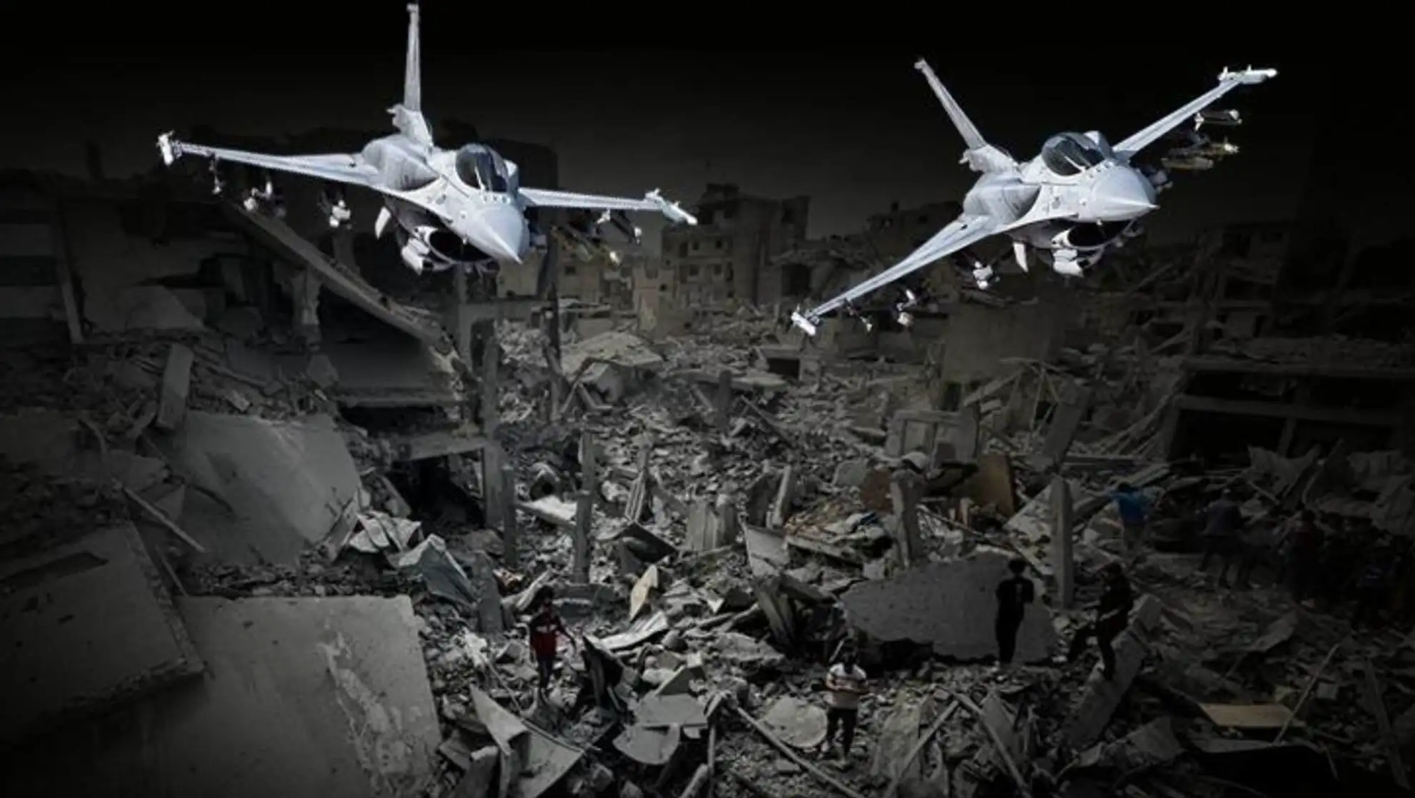 A group of fighter jets flying over a destroyed city. A group of fighter jets flying over a destroyed city.