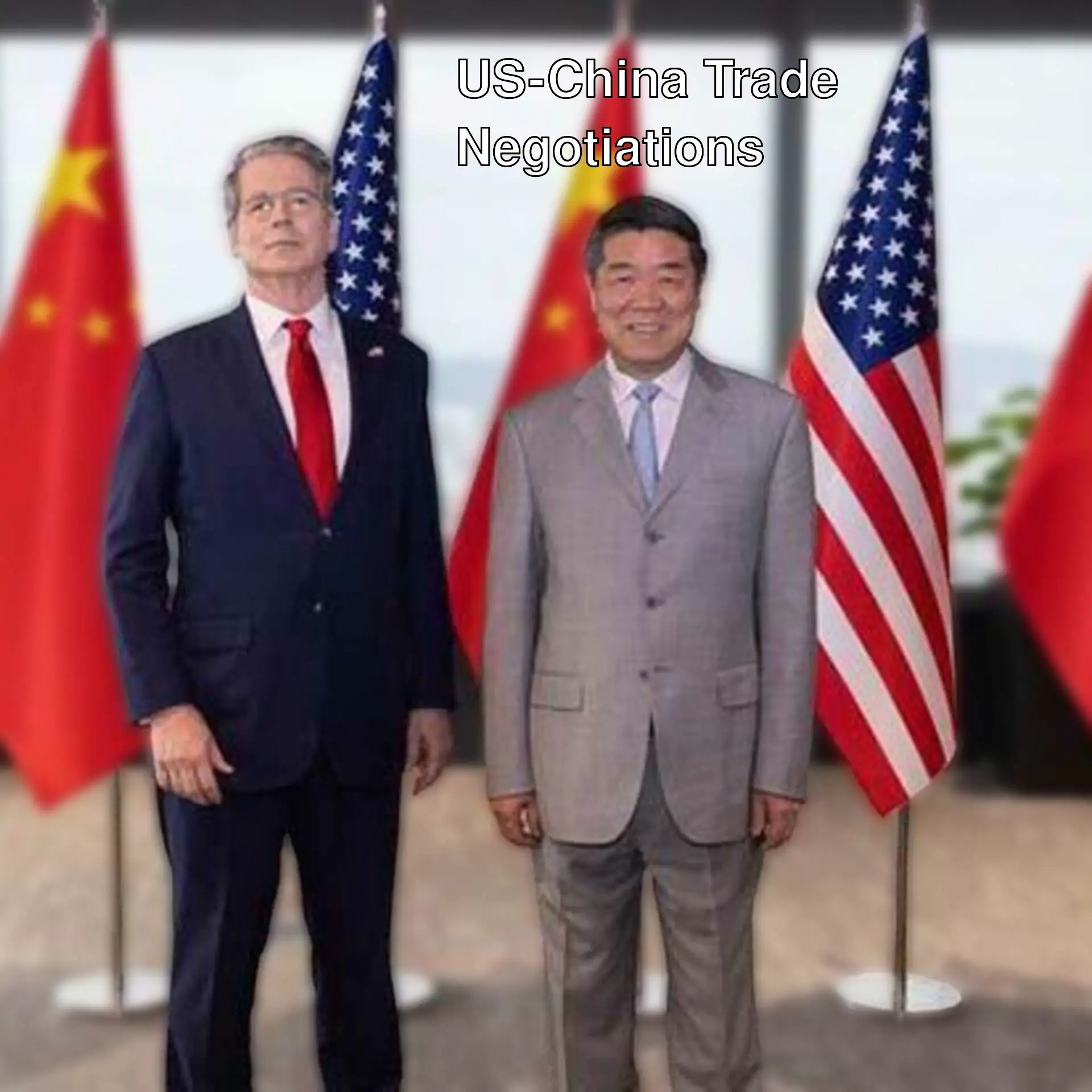 Two men standing in front of flags of China and the US. Two men standing in front of flags of China and the US.