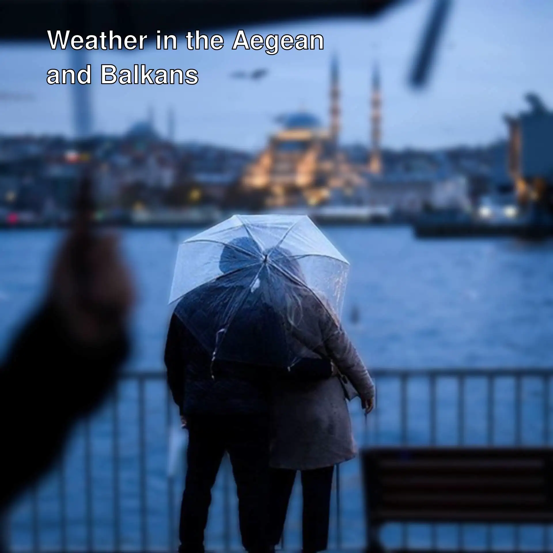 A couple of people standing on a bench with an umbrella.