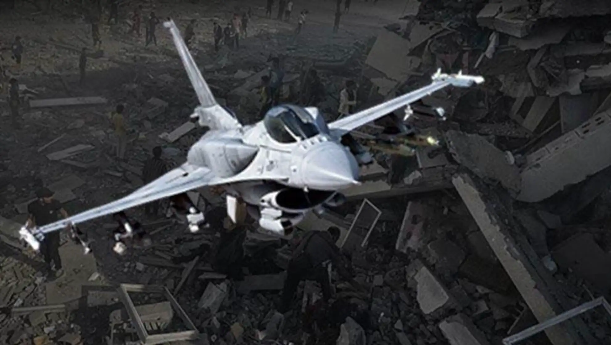 A fighter jet flying over a destroyed building