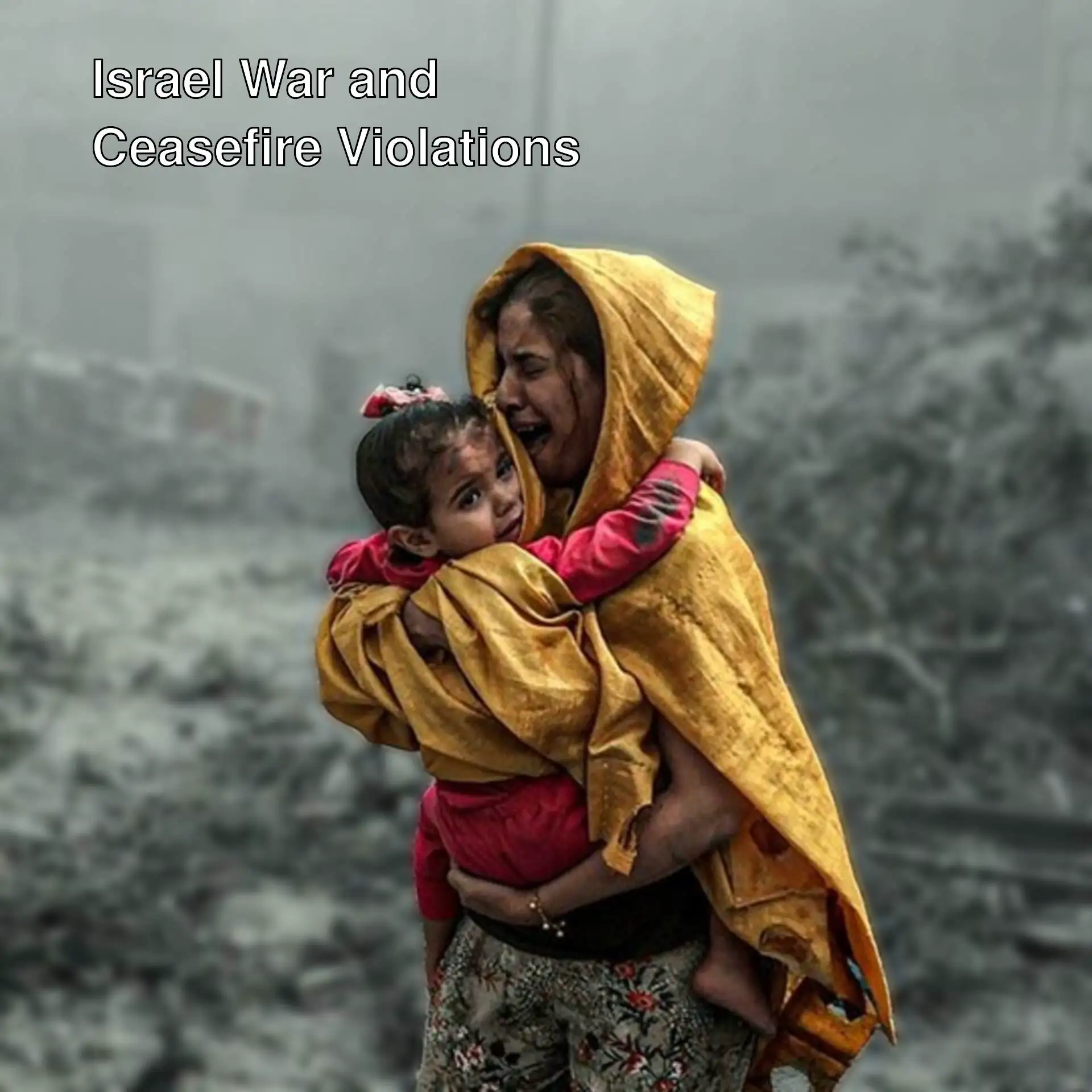 A woman holding a child in a destroyed area.