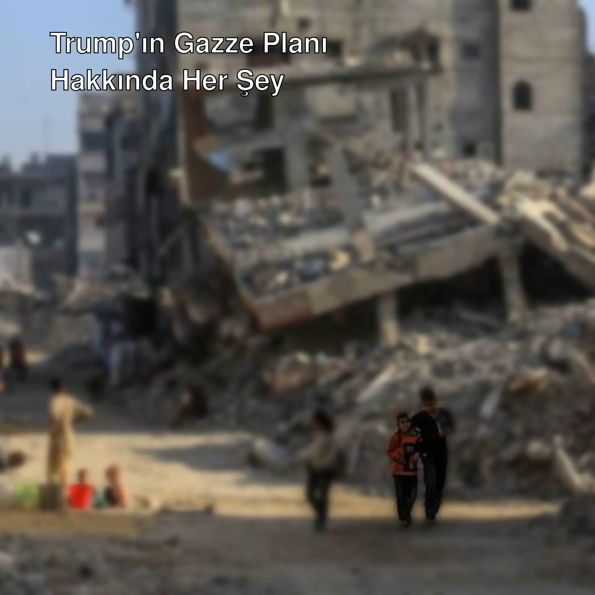 Yıkılmış bir şehirde yürüyen bir grup insan.