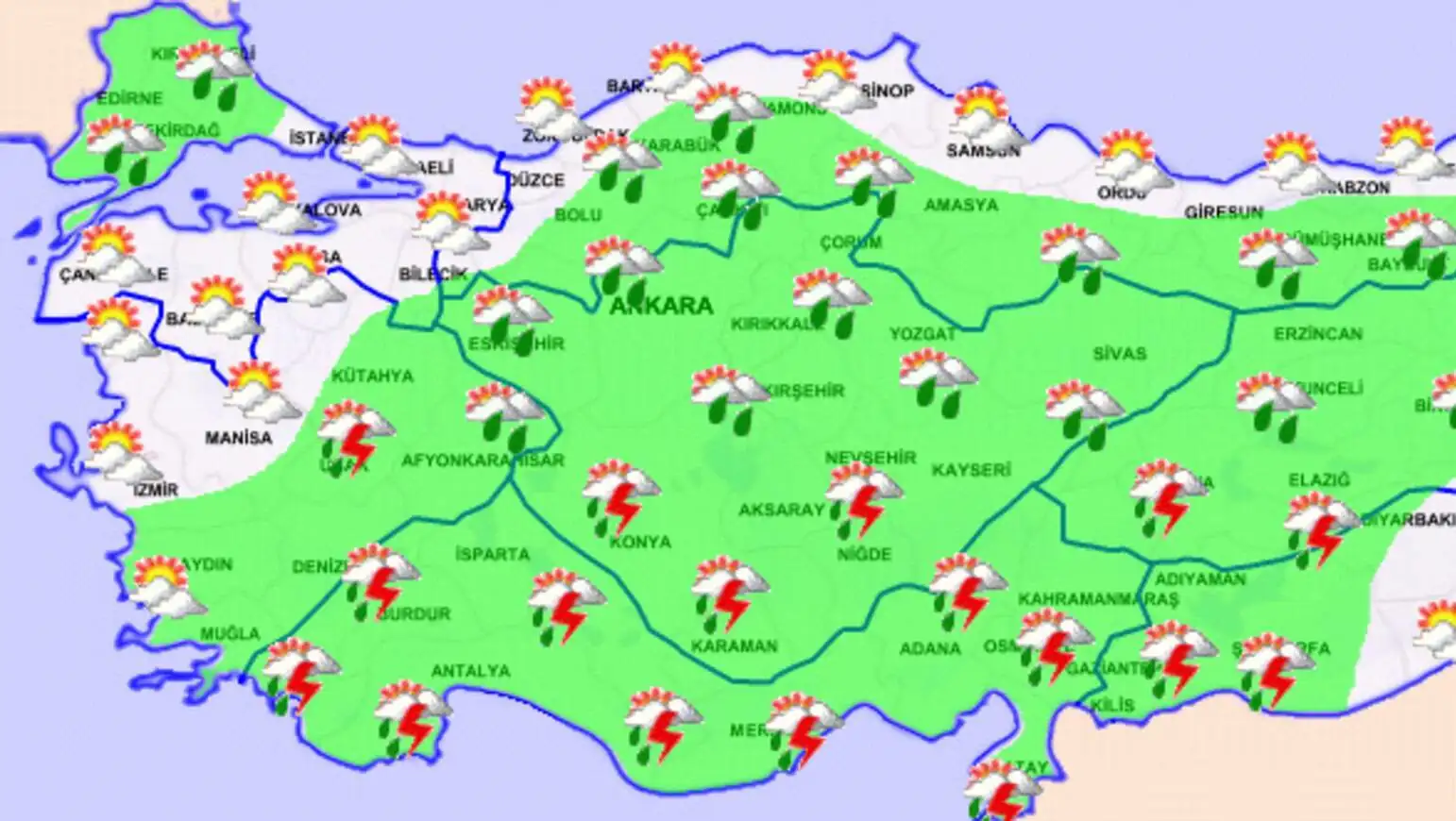 Türkiye haritası üzerinde hava durumu simgeleri. Türkiye haritası üzerinde hava durumu simgeleri.