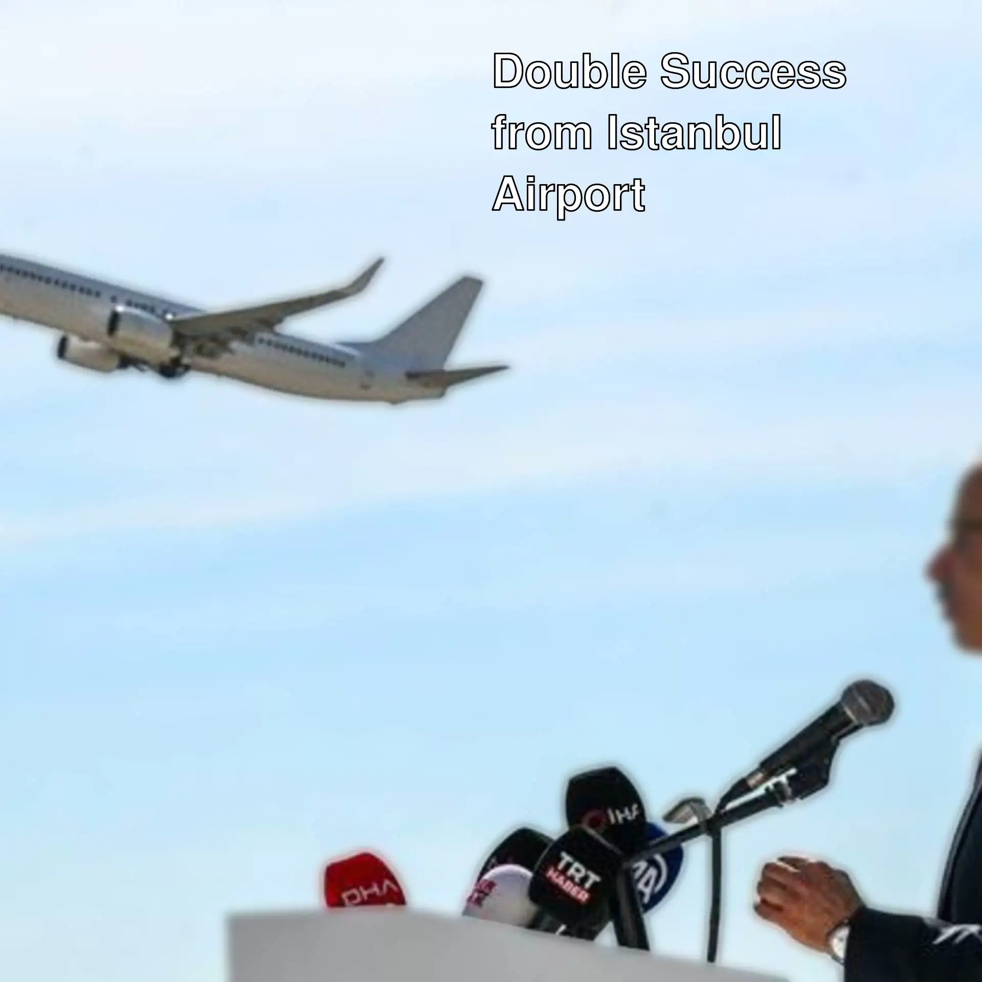 A man standing in front of a microphone and a plane flying in the sky.