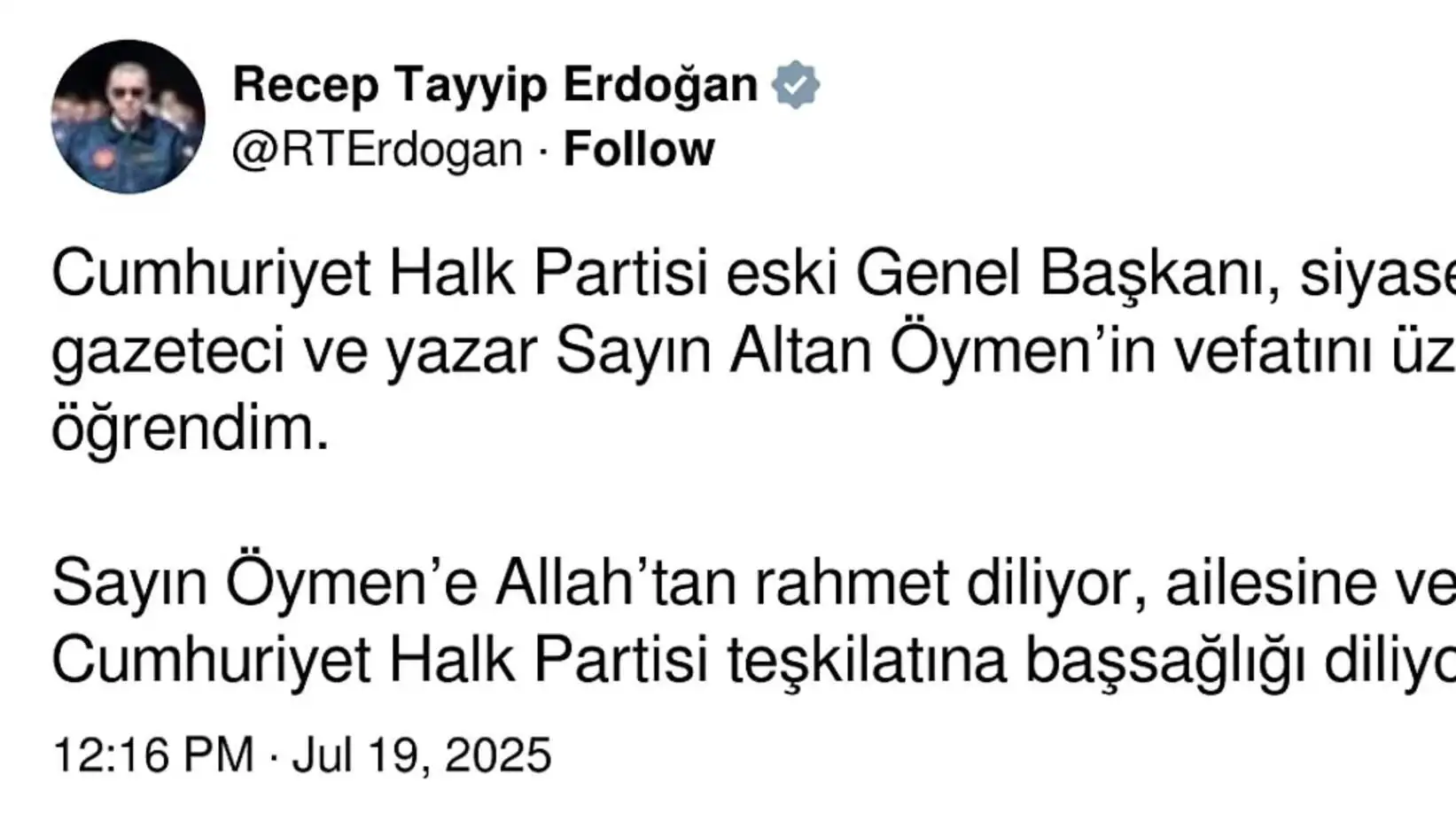 Altan Öymen'in vefatı sonrası yapılan sosyal medya paylaşımları. Altan Öymen'in vefatı sonrası yapılan sosyal medya paylaşımları.