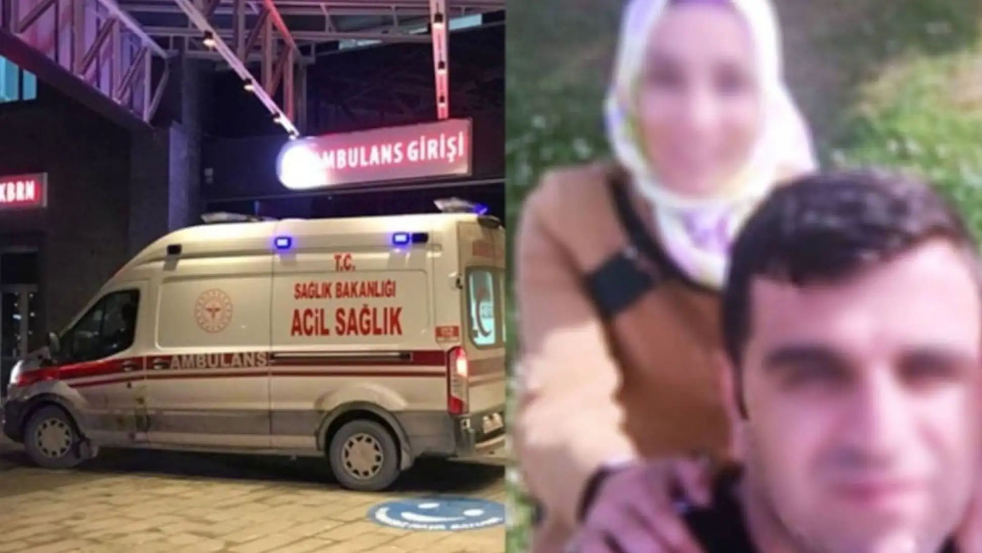 A man and woman in front of an ambulance. A man and woman in front of an ambulance.