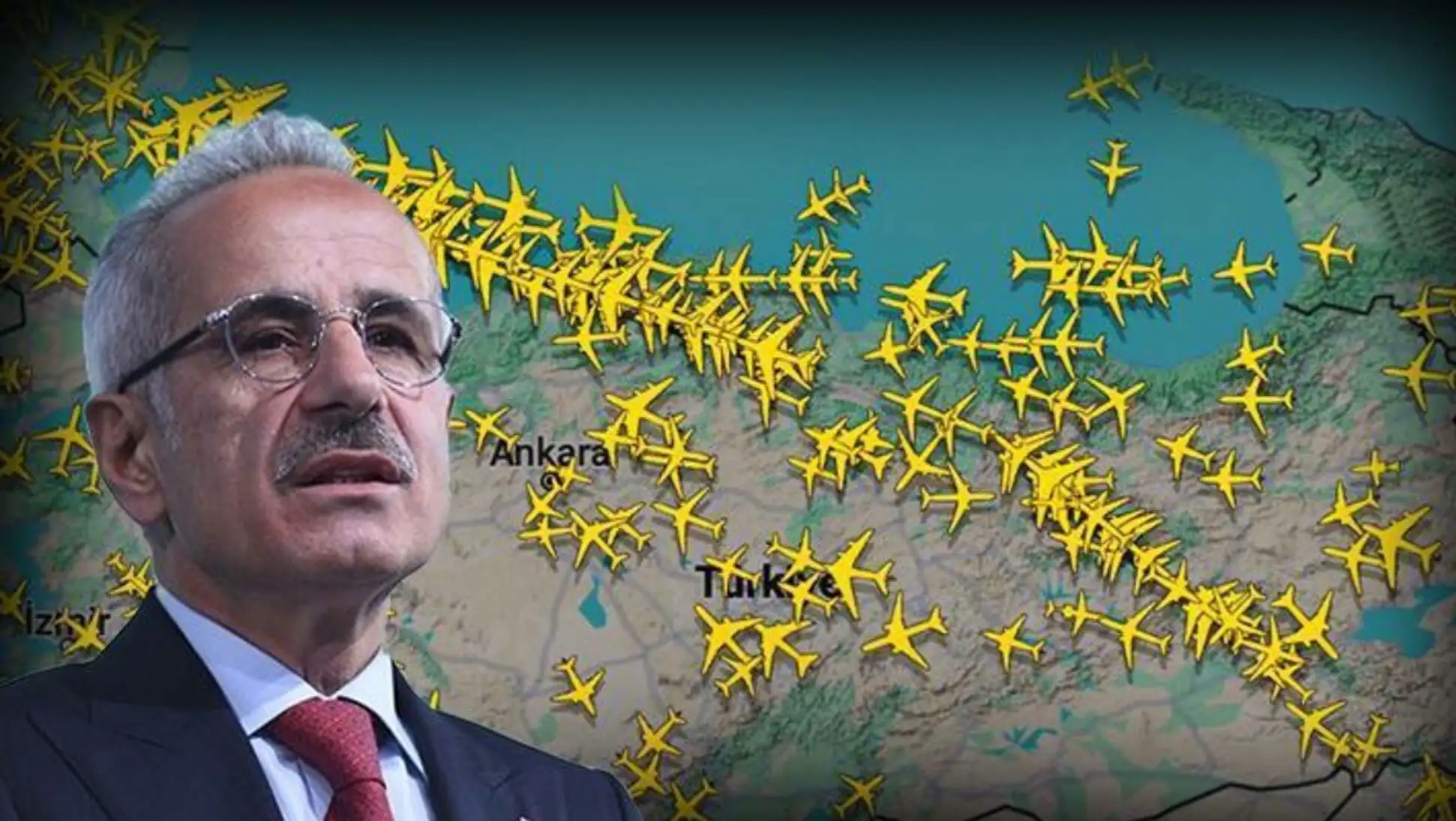 A man with yellow airplanes on the map.
