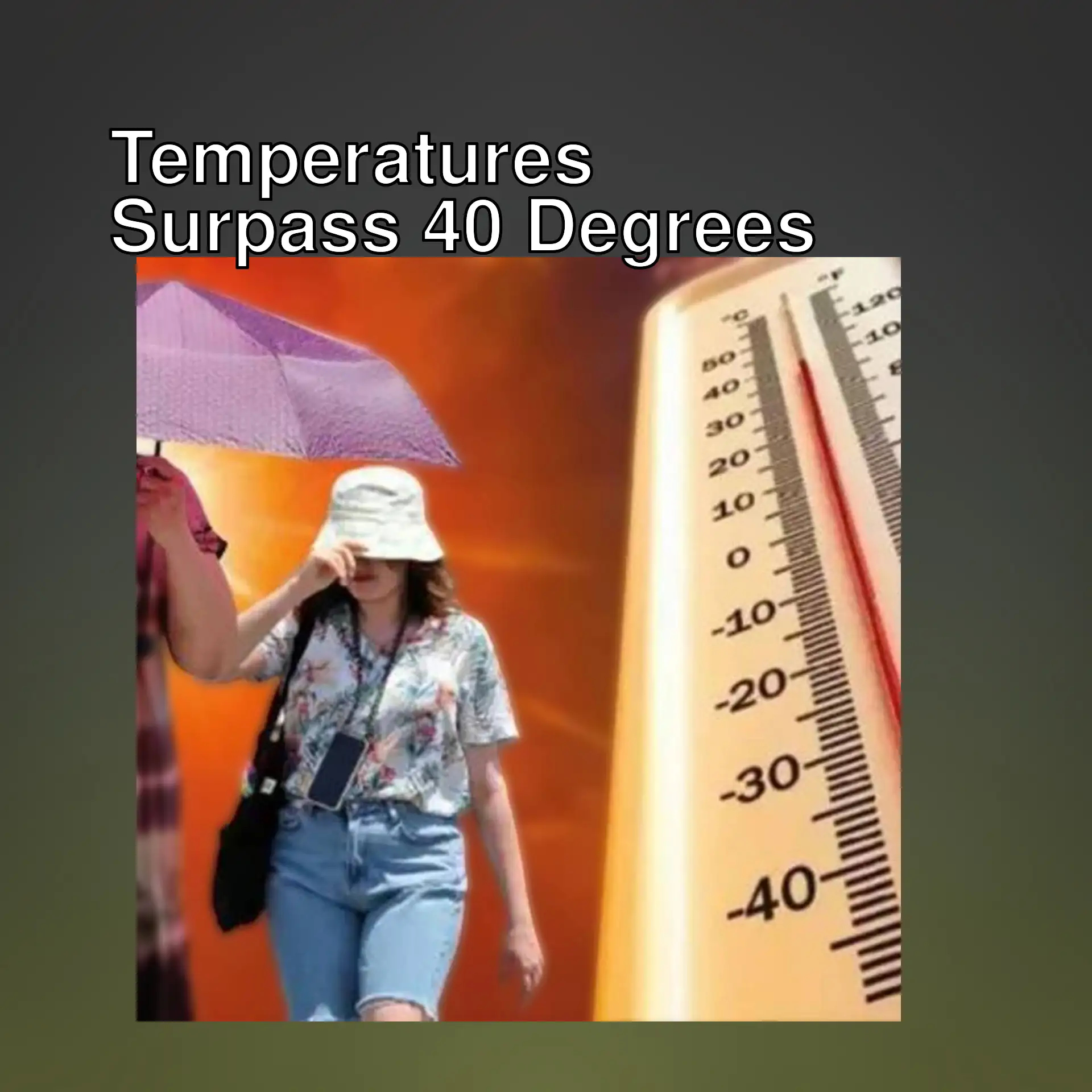 A woman walking with a purple umbrella and a thermometer.