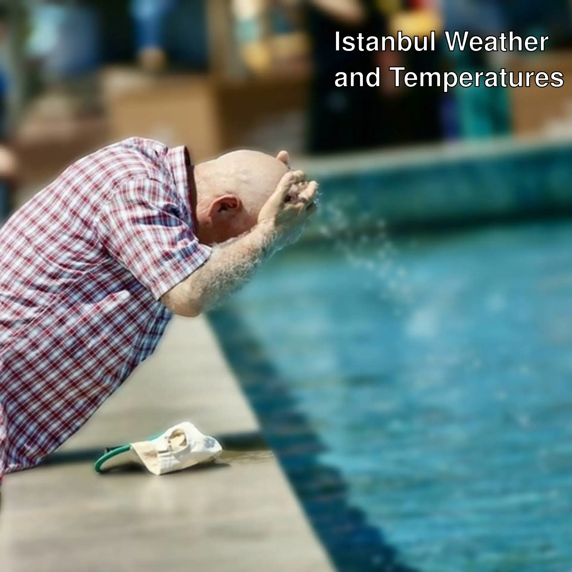 A man by the pool in a plaid shirt.