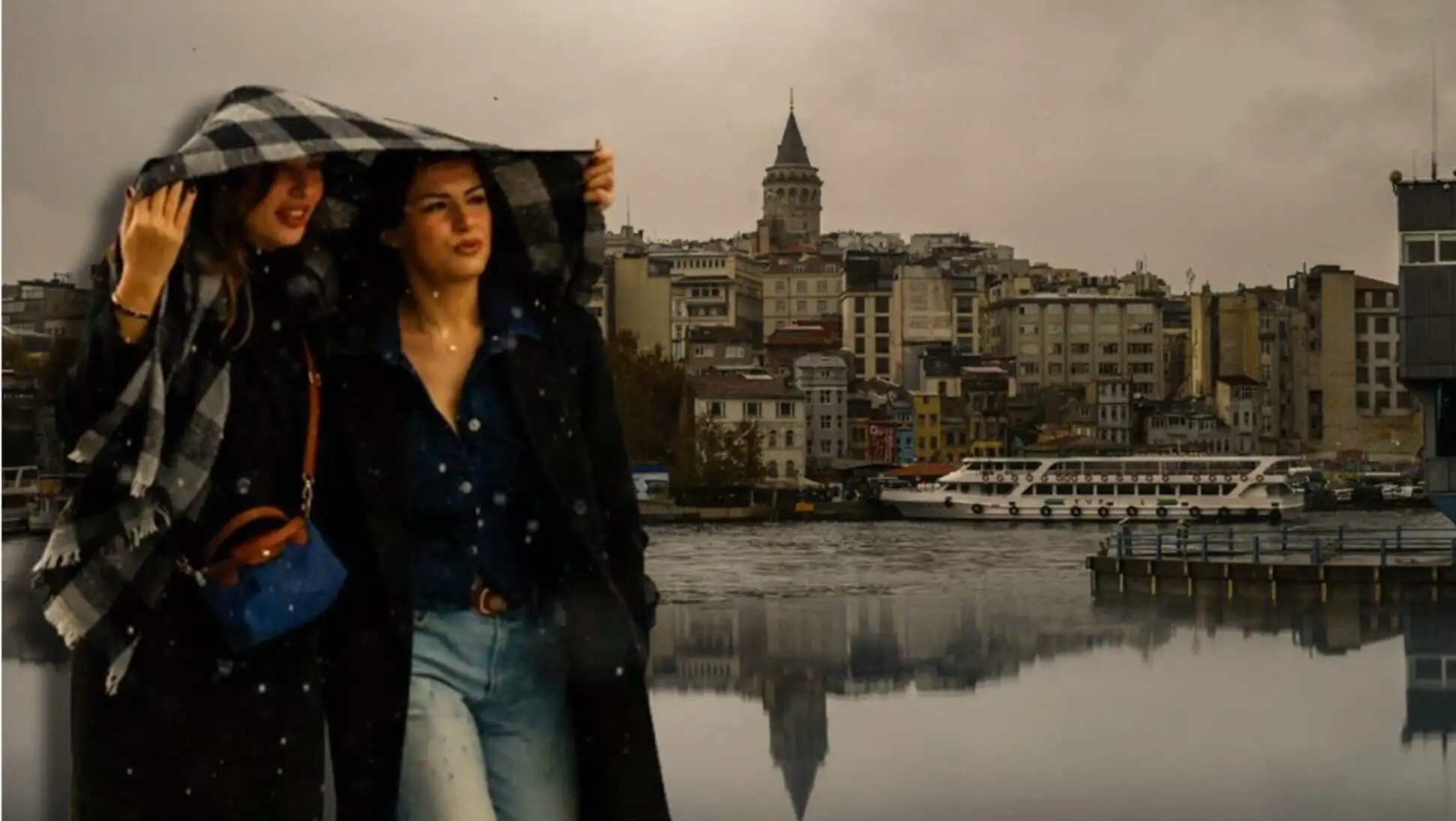 A woman standing in the rain with a water body and a boat in the background. A woman standing in the rain with a water body and a boat in the background.