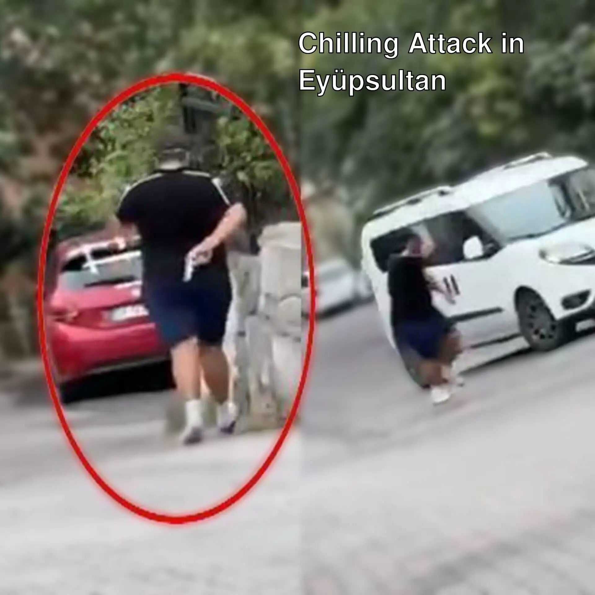 A man holding a gun running on a sidewalk.