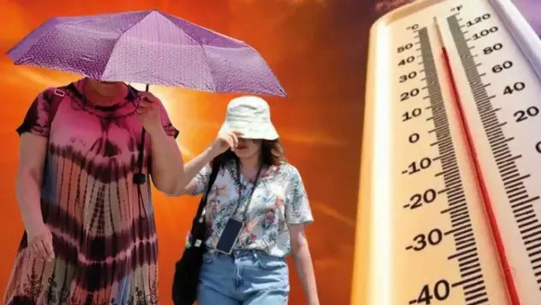 A thermometer and a woman walking with a purple umbrella.