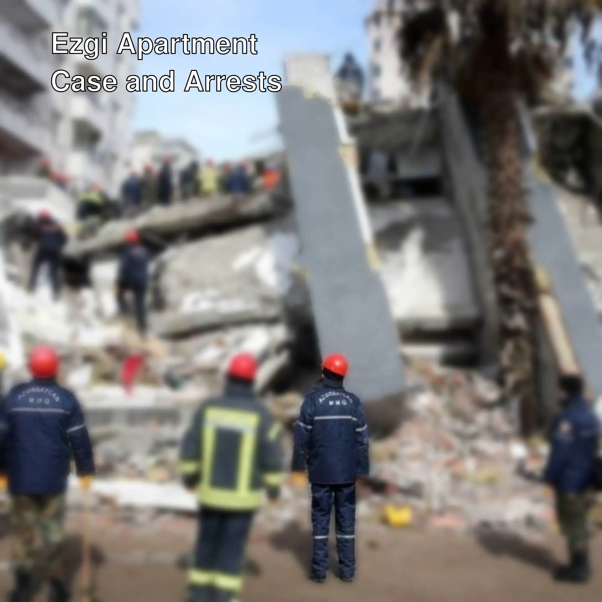 A group of people looking at a collapsed building. A group of people looking at a collapsed building.