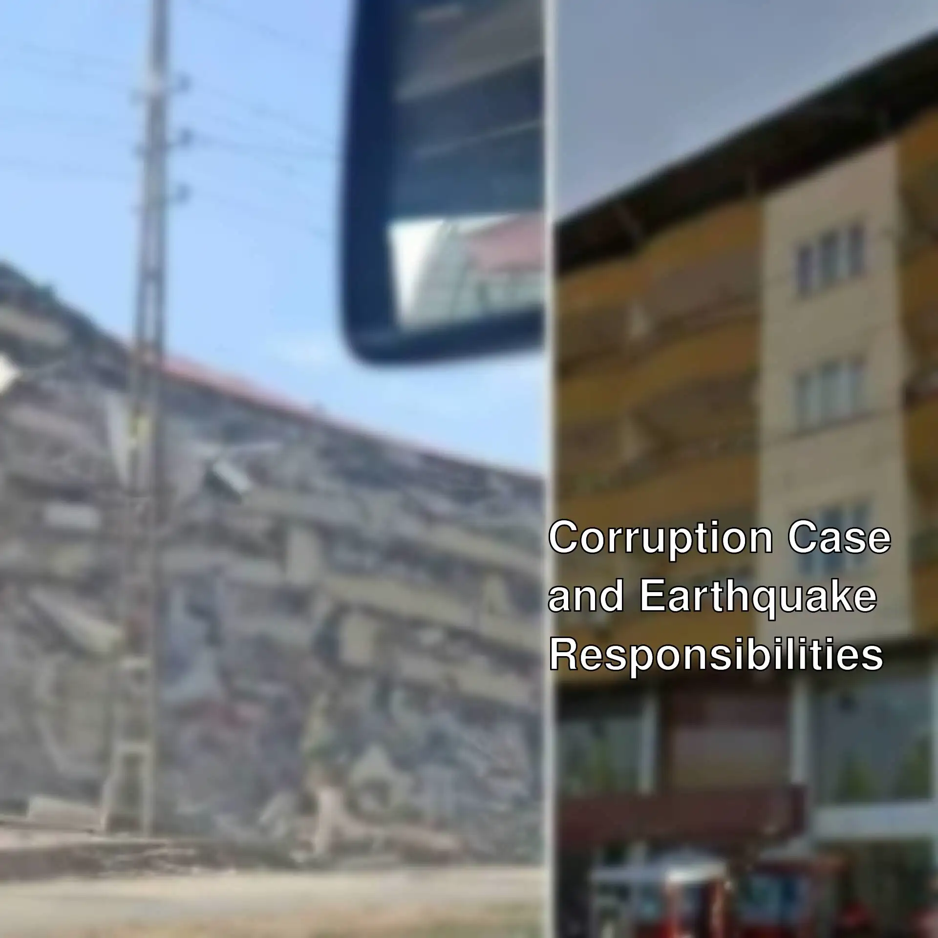A demolished building and a car on the road.