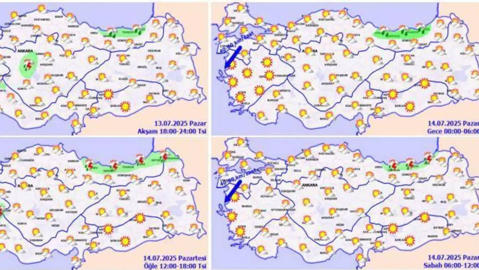 Farklı hava durumu simgeleri içeren harita