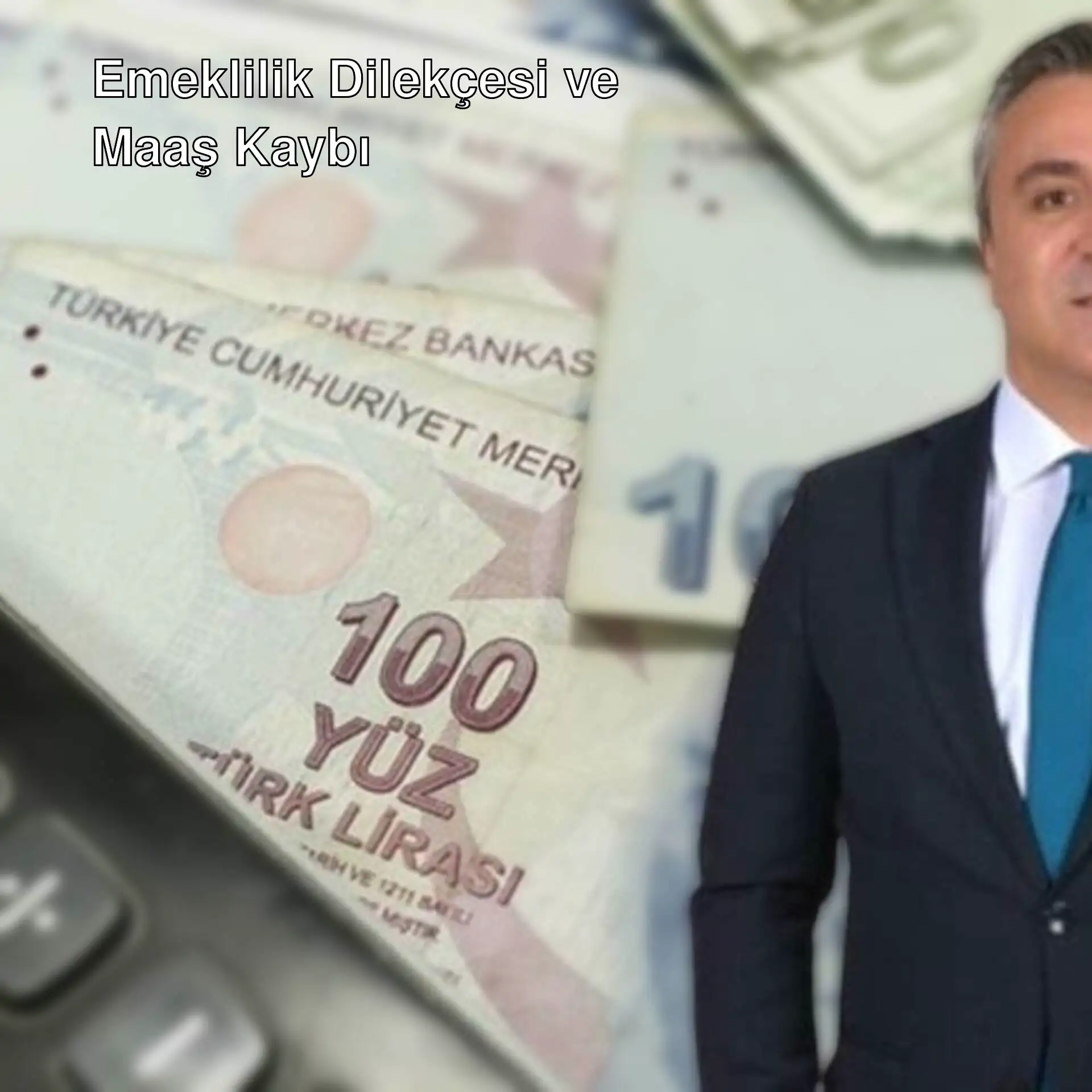 Bir adam takım elbise giymiş ve para yığınlarının yanında duruyor.